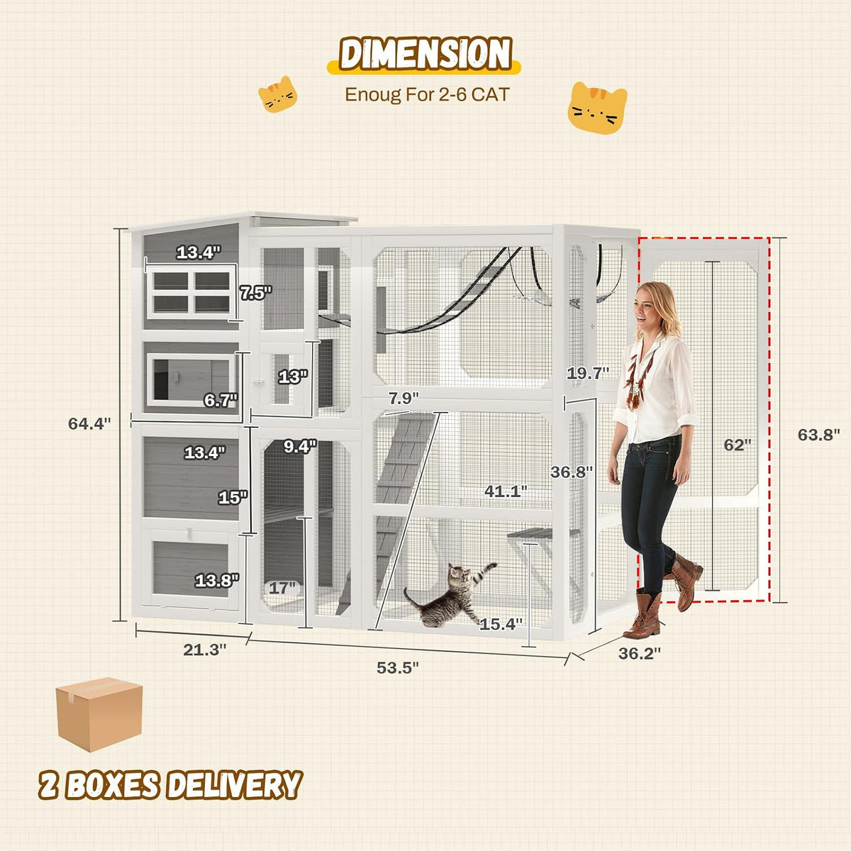 large 4-tier outdoor cat enclosure walk-in catio, grey showing dimensions