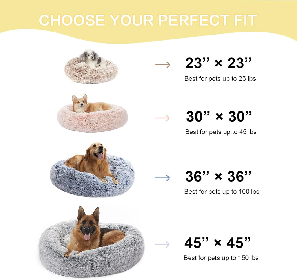 bedfolks calming fluffy donut dog bed for large showing dimensions