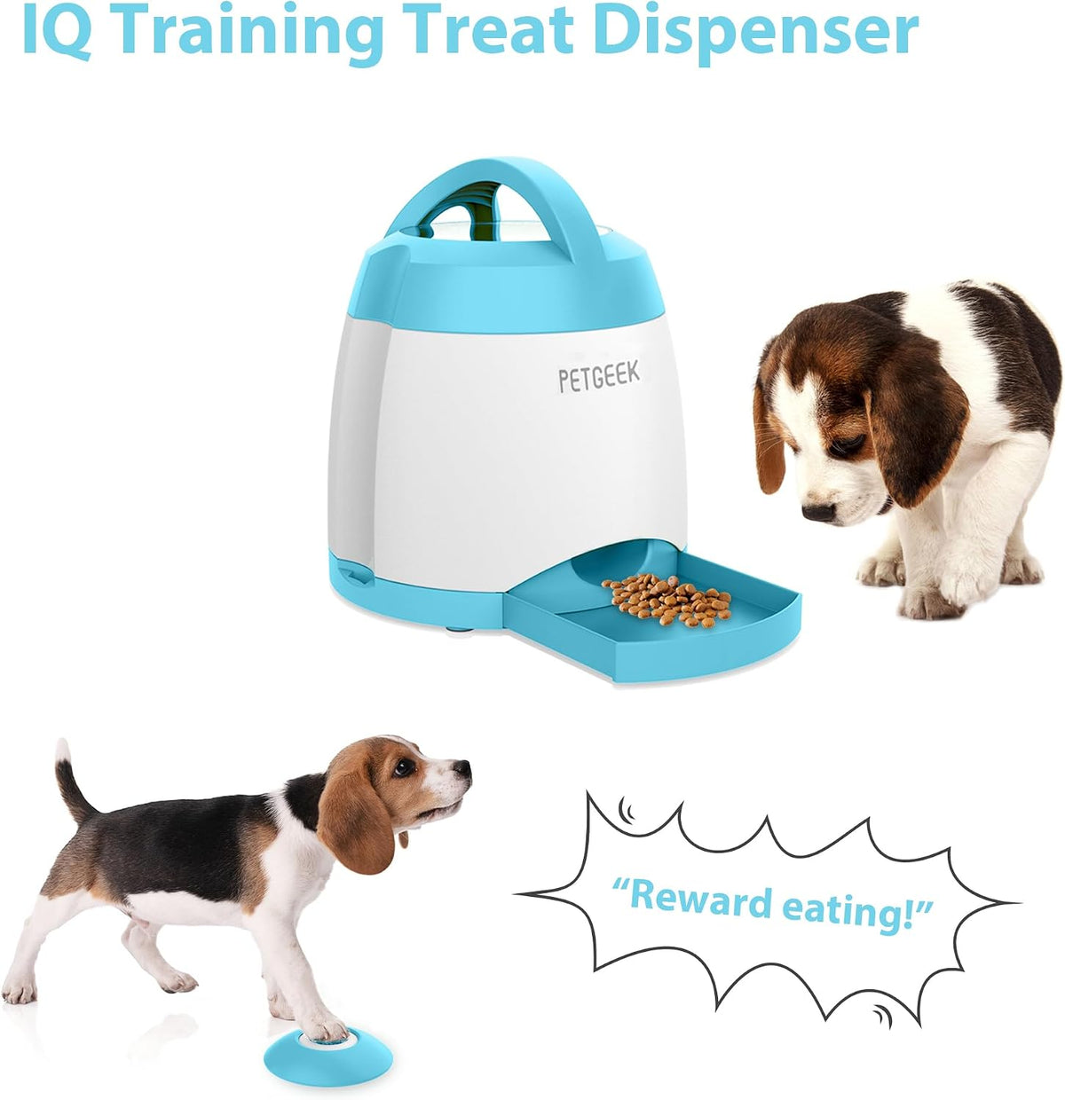 petgeek automatic dog feeder/treat dispenser with rechargeable button shown in use