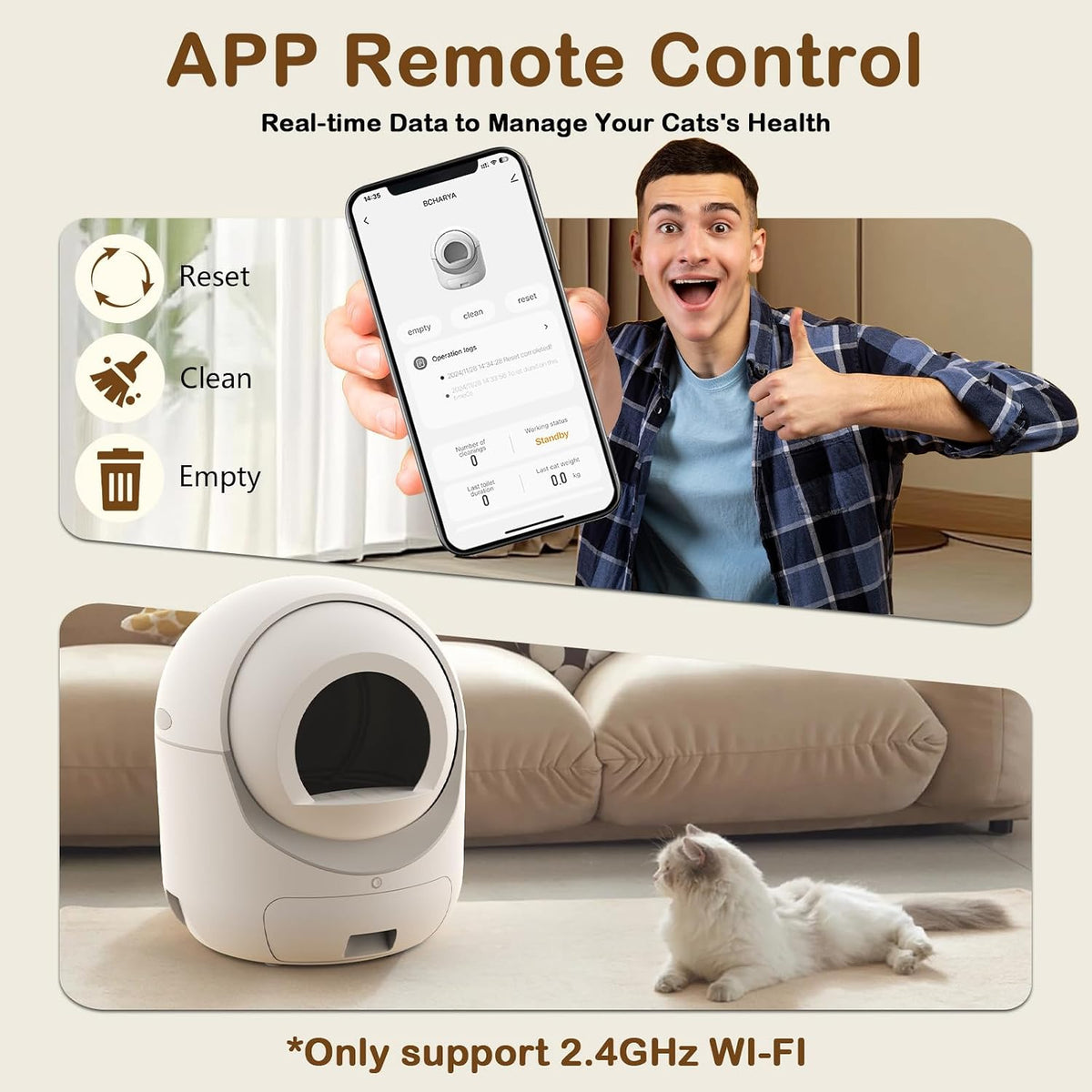 self cleaning cat litter box with app control, close-up detail