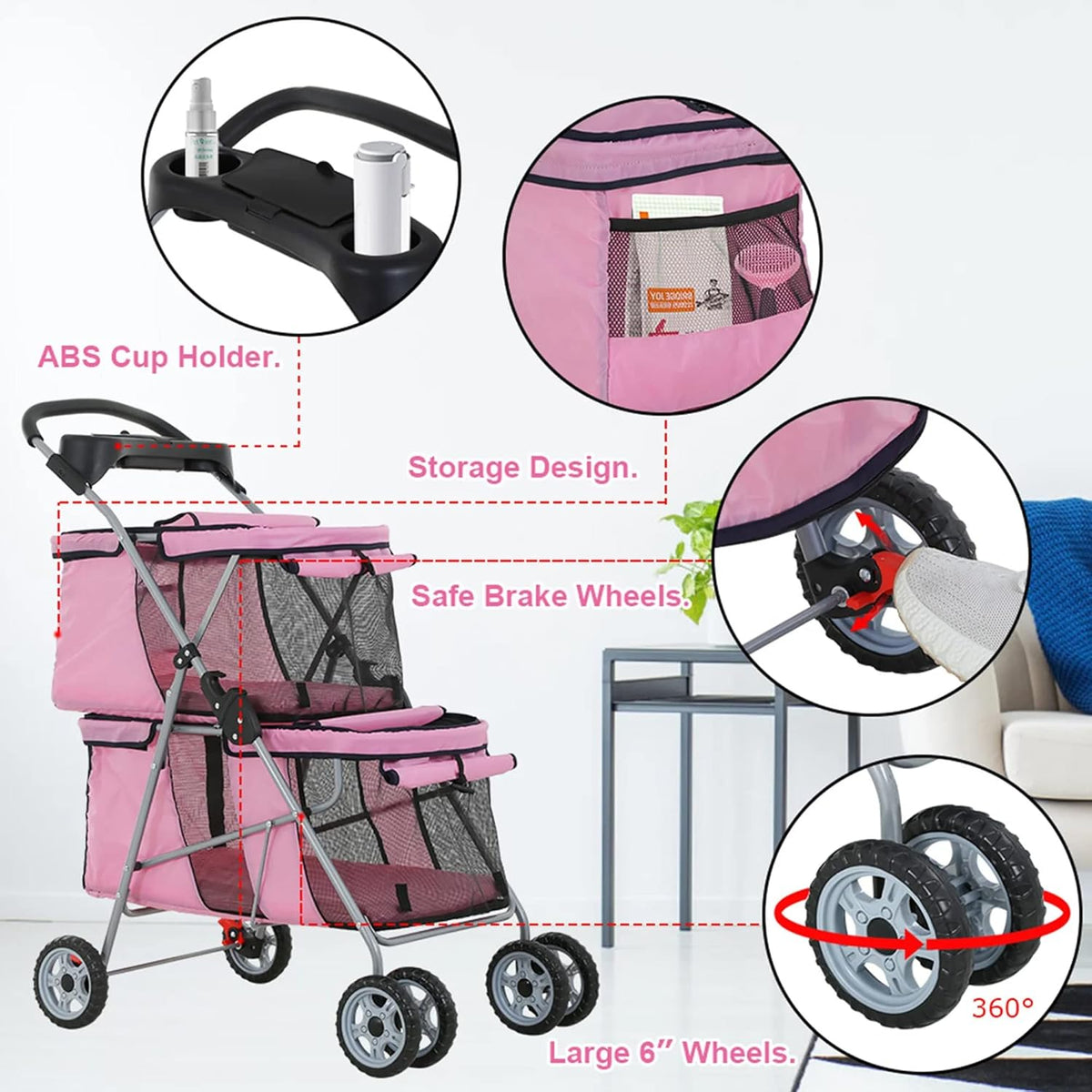 double layer dog stroller for 2 small dogs/cats showing dimensions