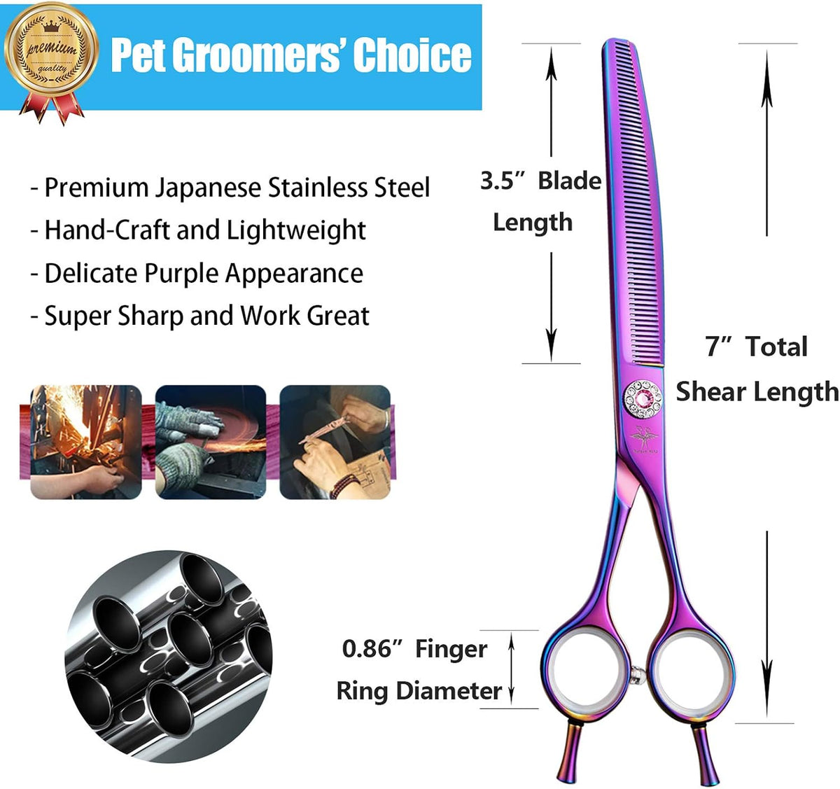 purplebird 7" dog grooming scissors - thinning texturizing, side view