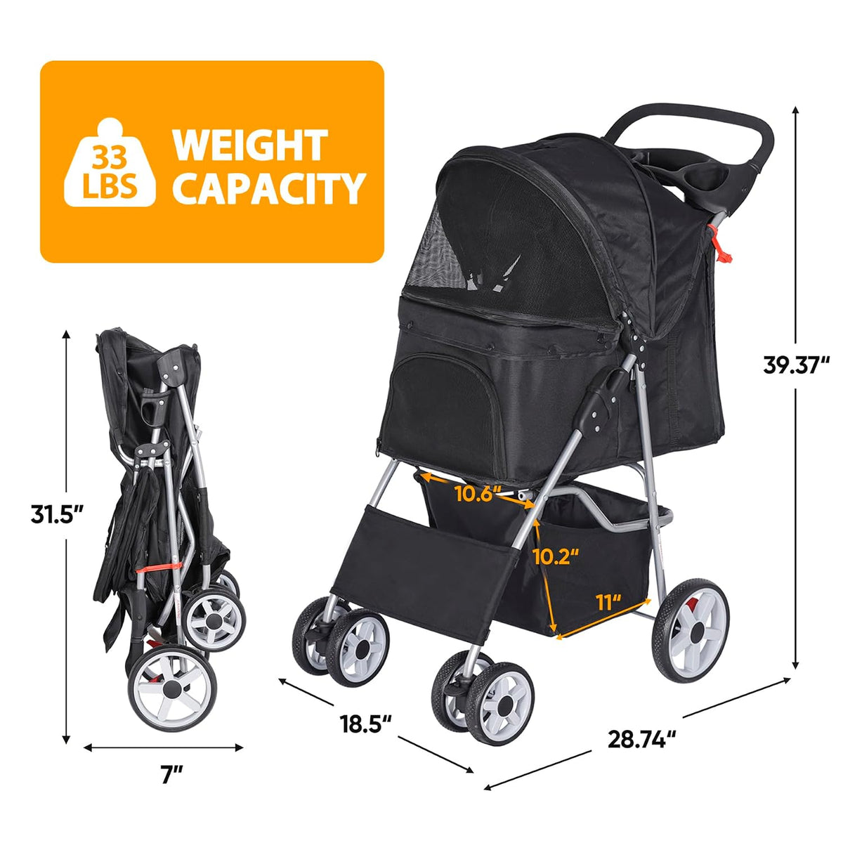 pet stroller for dogs, black 4 wheels cat on a desk or shelf