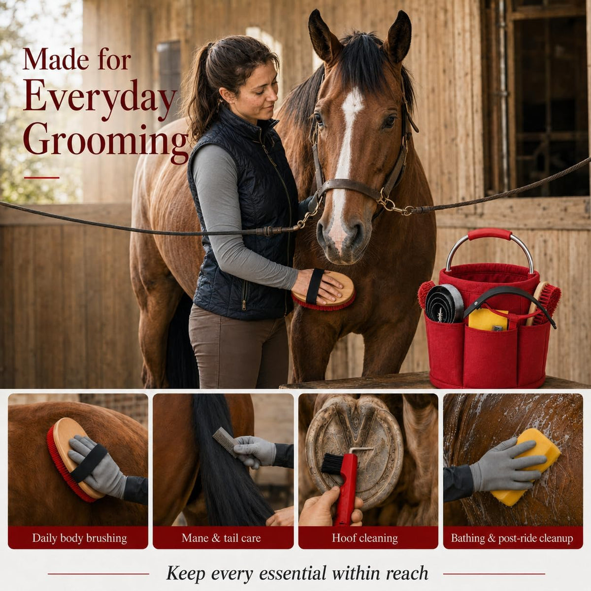 equine grooming kit for care bathing & shedding shown in use