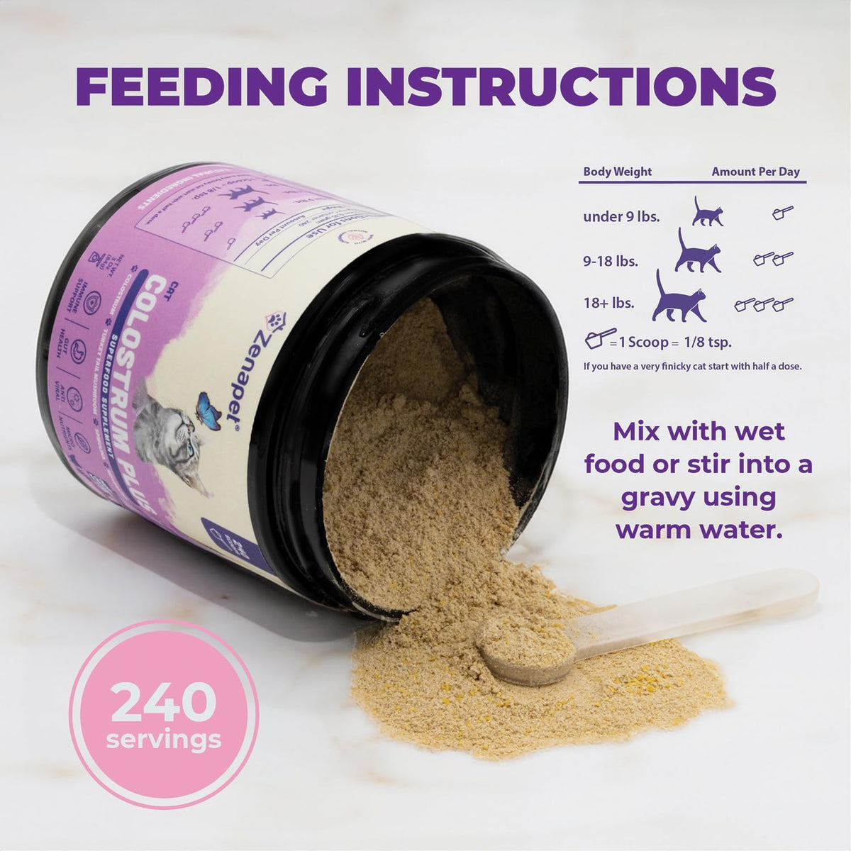 cat colostrum plus premium powder topper, immune & showing dimensions