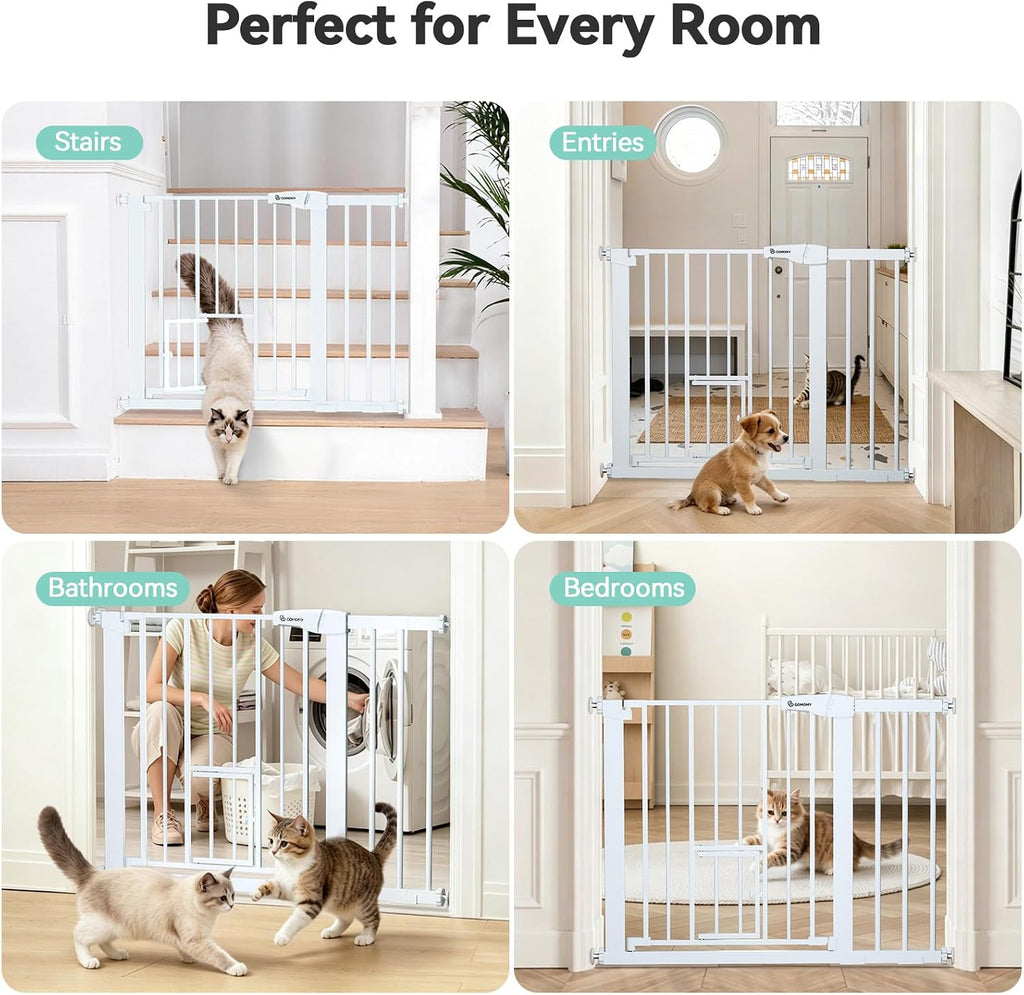 comomy auto close pet gate with cat door on a desk or shelf