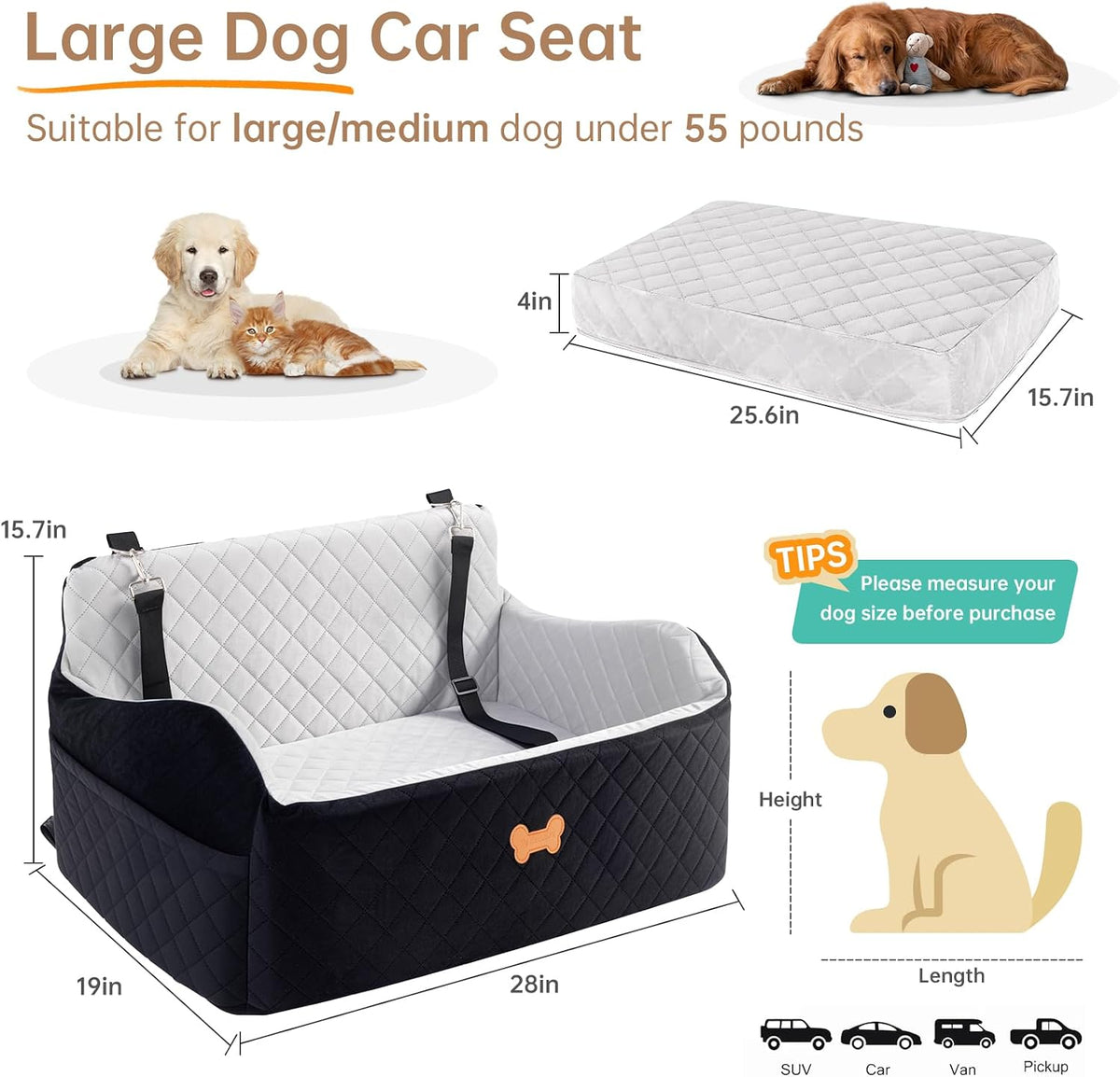 car seat for large size dog, booster seat, side view