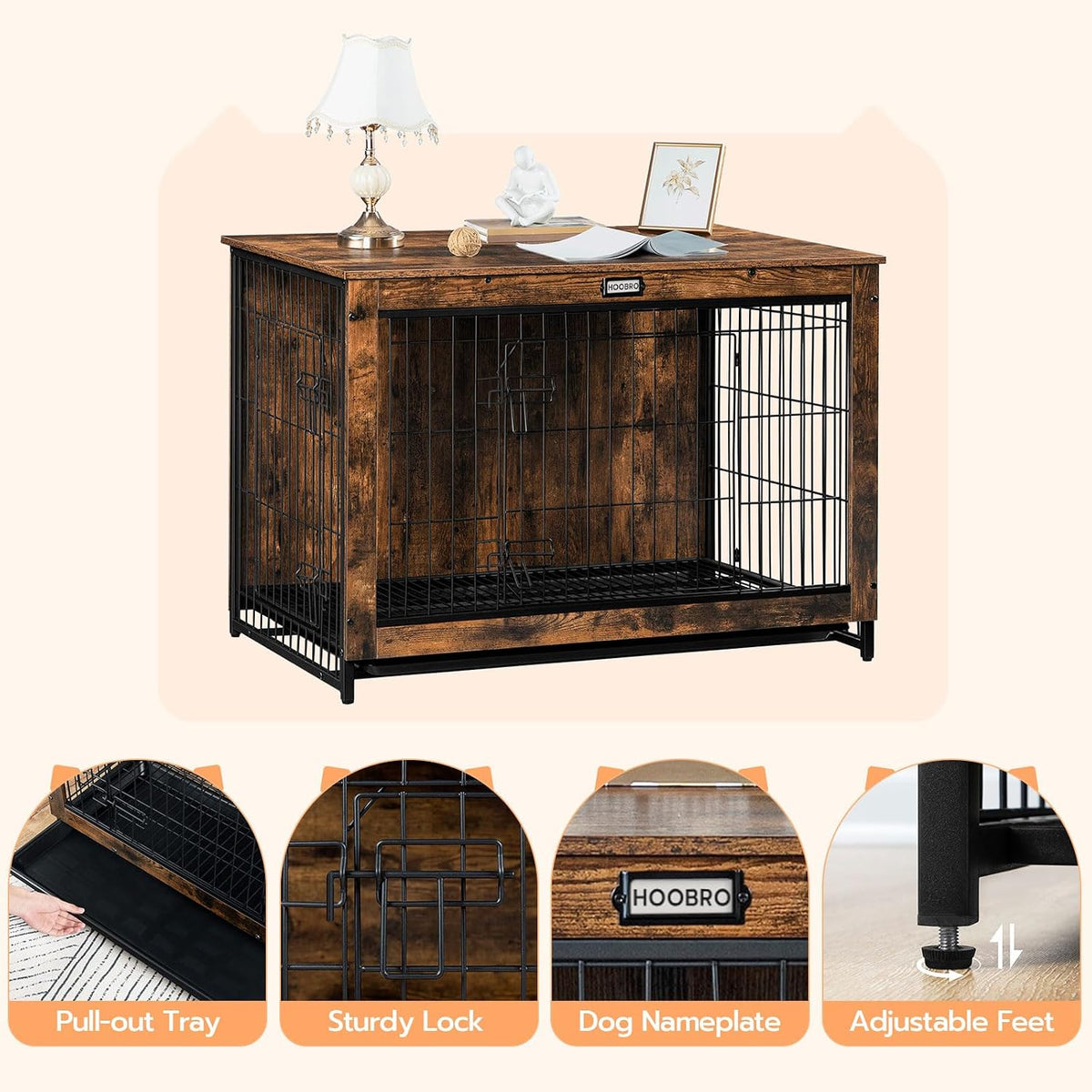 hoobro dog crate furniture, 38.6" large dog kennel on a desk or shelf