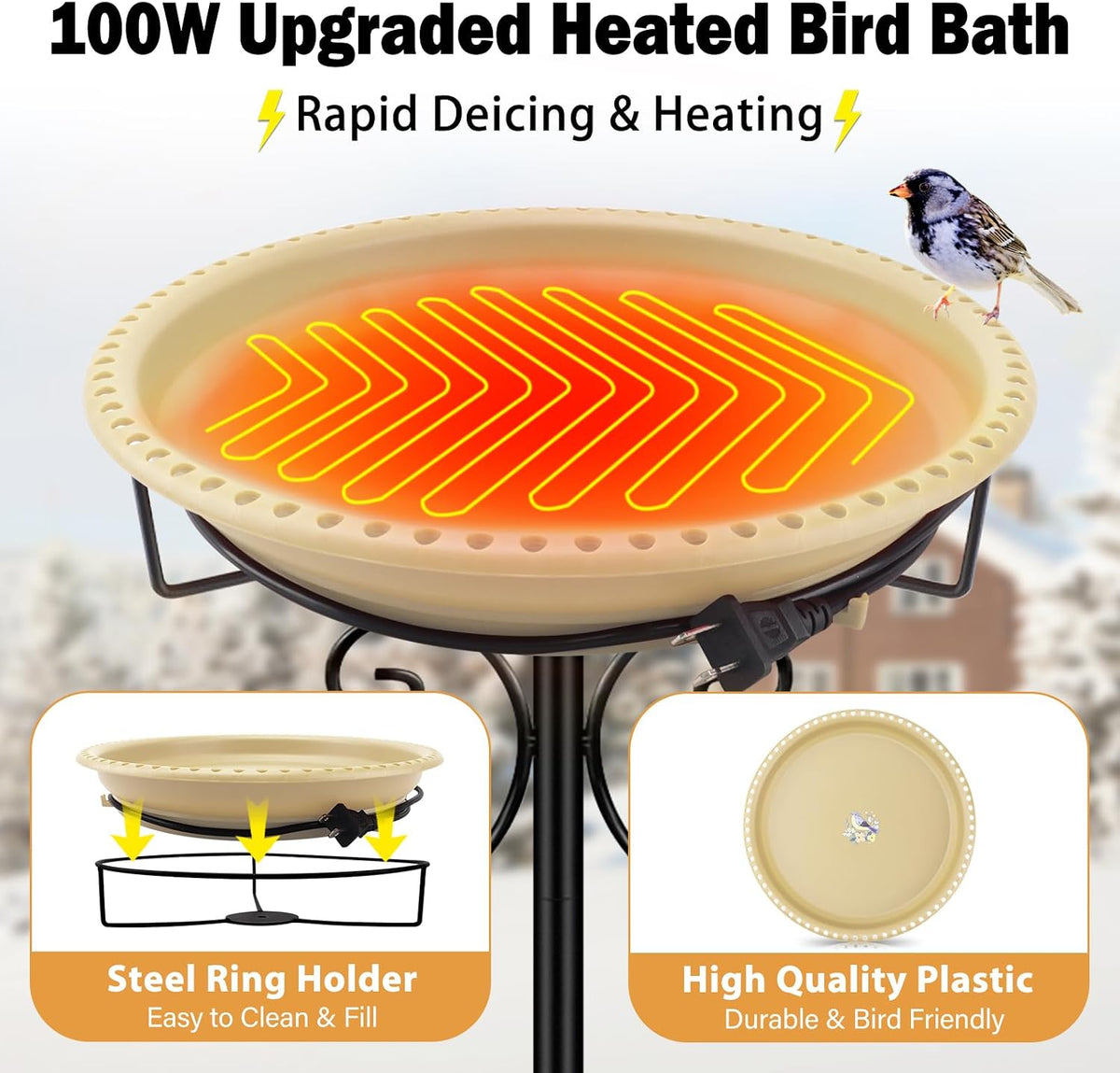 100w heated bird baths for outdoors, heated birdbath shown in use
