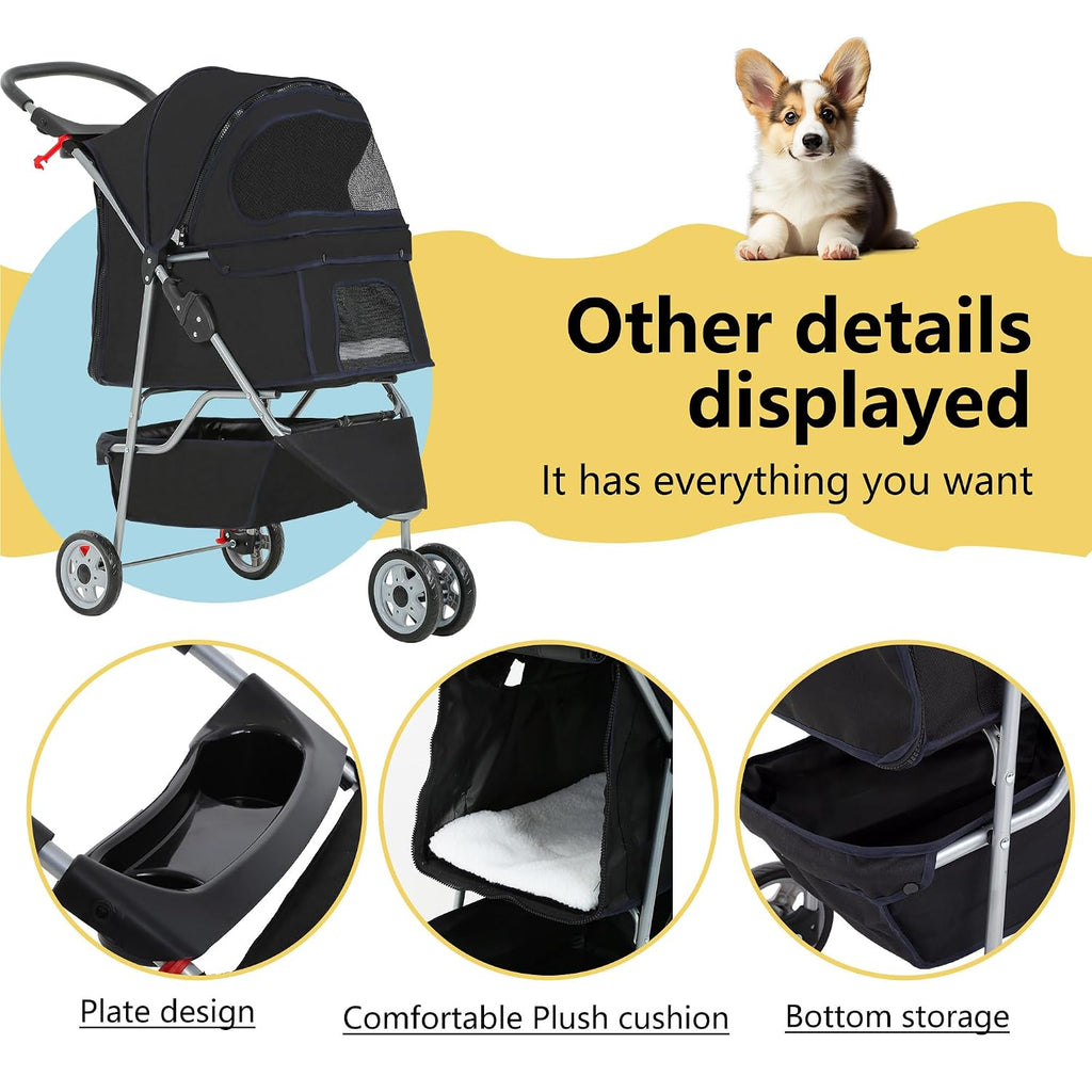 fdw pet stroller 3-wheel durable foldable cat dog showing dimensions