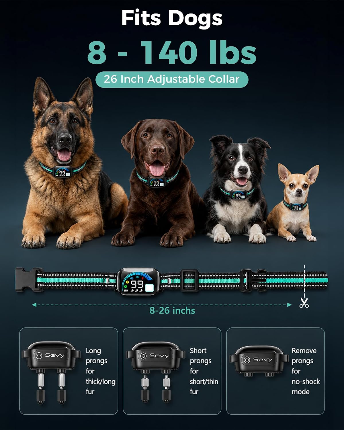 sevy buzzy 2-in-1 dog bark collar & dog showing dimensions