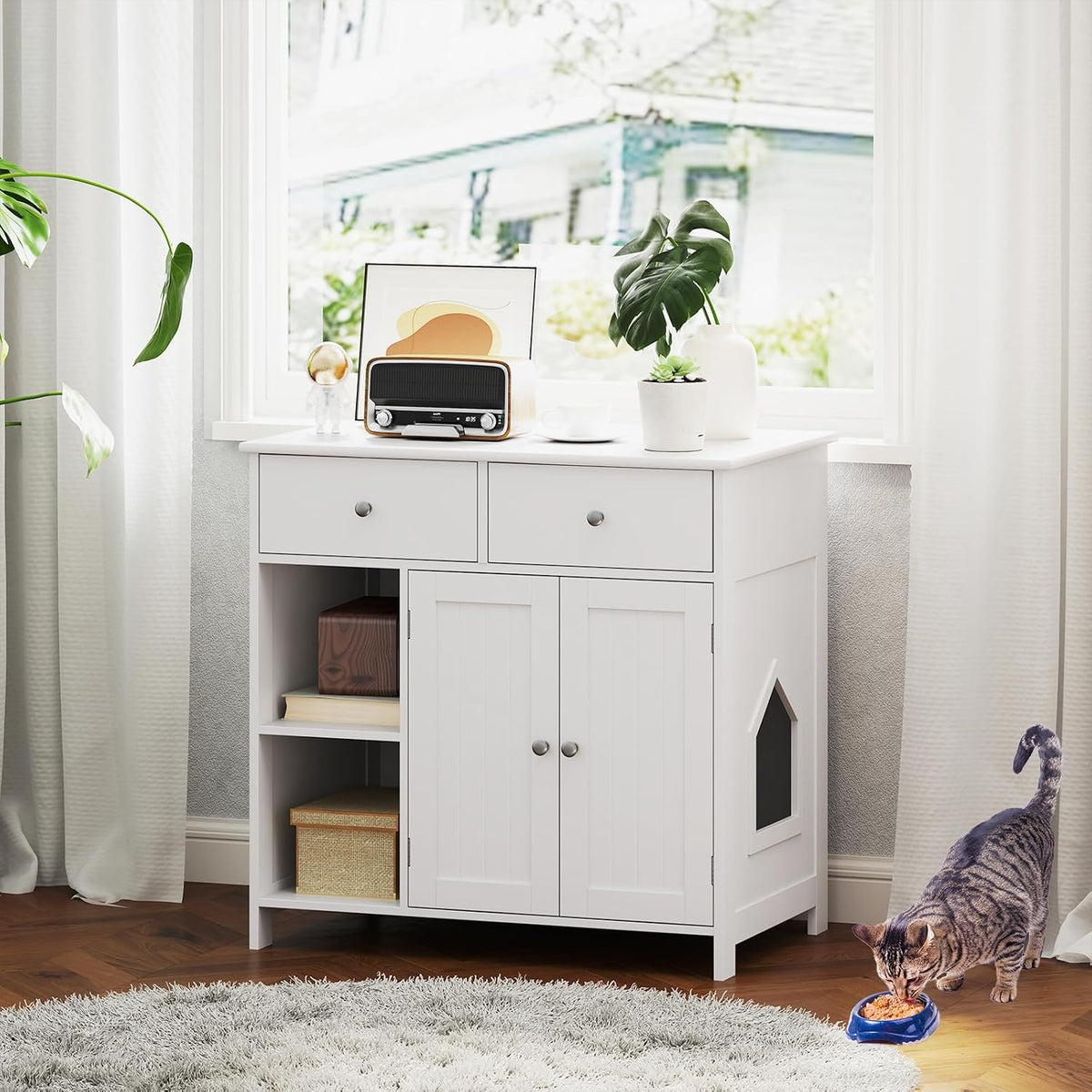 petsite white cat litter box enclosure, modern hidden, close-up detail