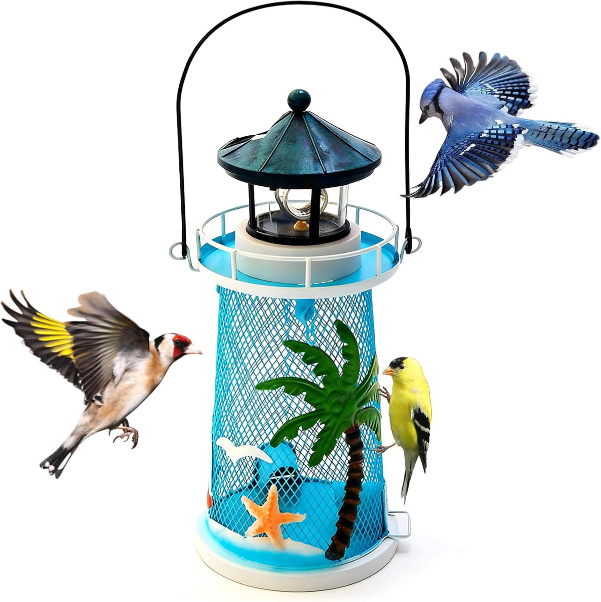 solar lighthouse bird feeder with rotating beacon, main product view