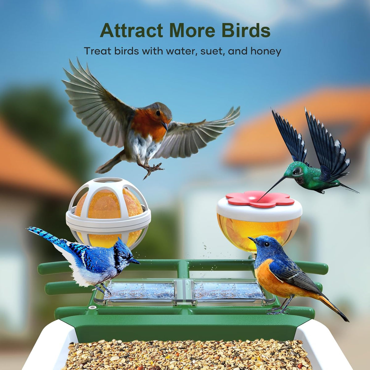 smart bird feeder with camera: solar powered birdhouse, close-up detail