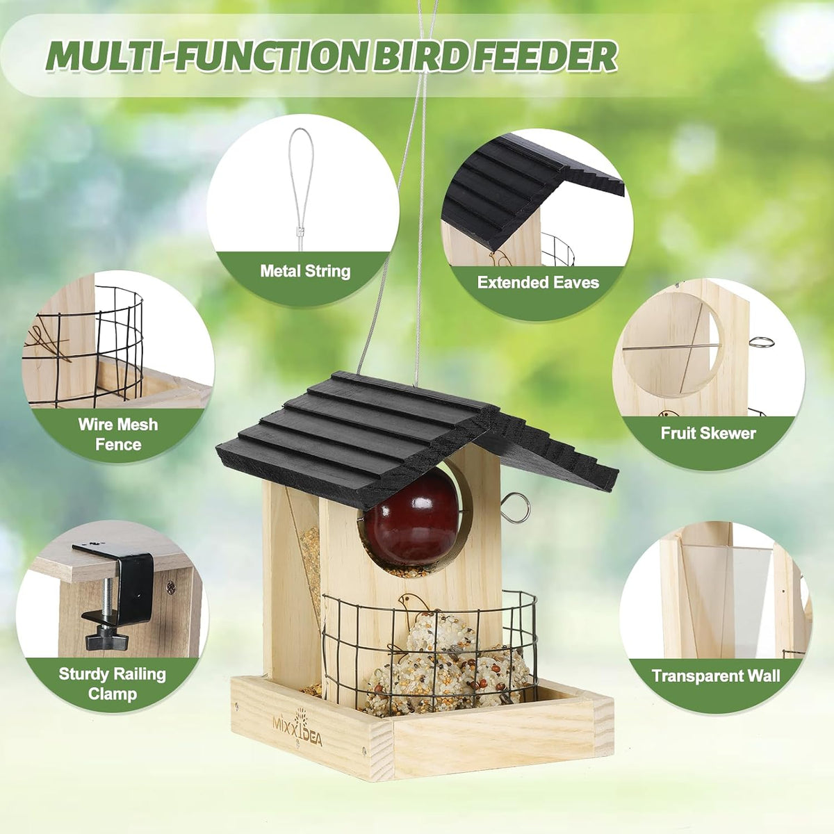 mixxidea wooden deck bird feeder for railing, balcony, close-up detail