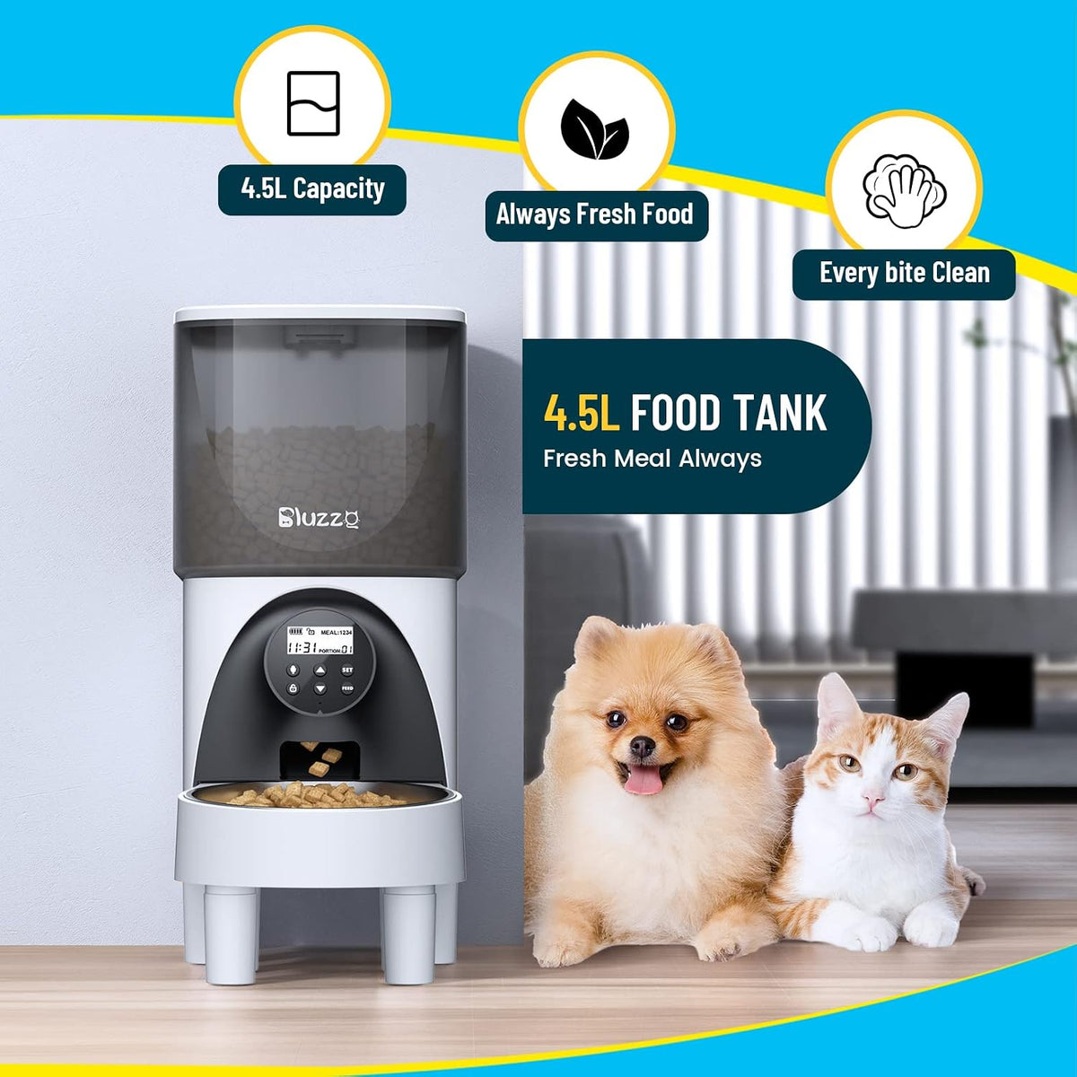 automatic cat feeders with stainless steel bowl, 4.5l, close-up detail