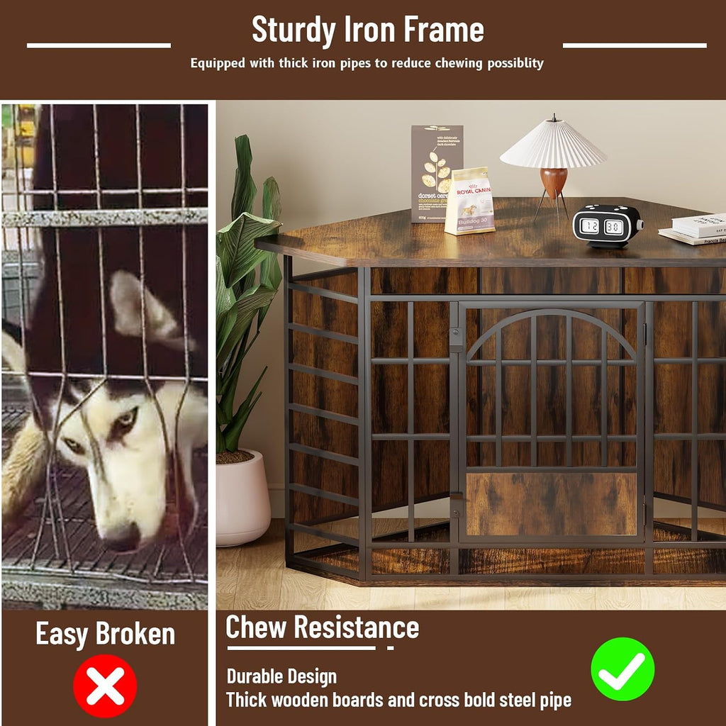 cozpaw 52" corner dog crate furniture, brown shown in use