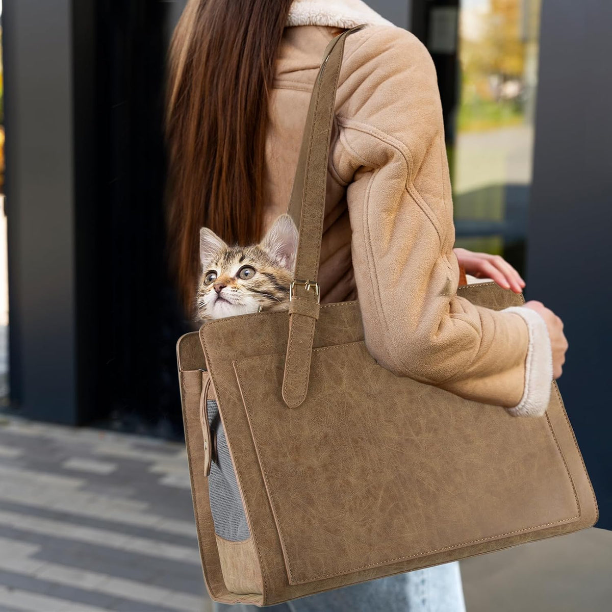 stylish pet carrier purse leather bag for small shown in use