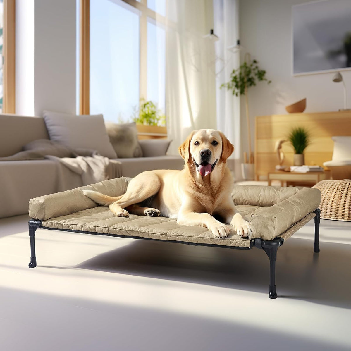 veehoo outdoor elevated dog bed with waterproof bolster on a desk or shelf