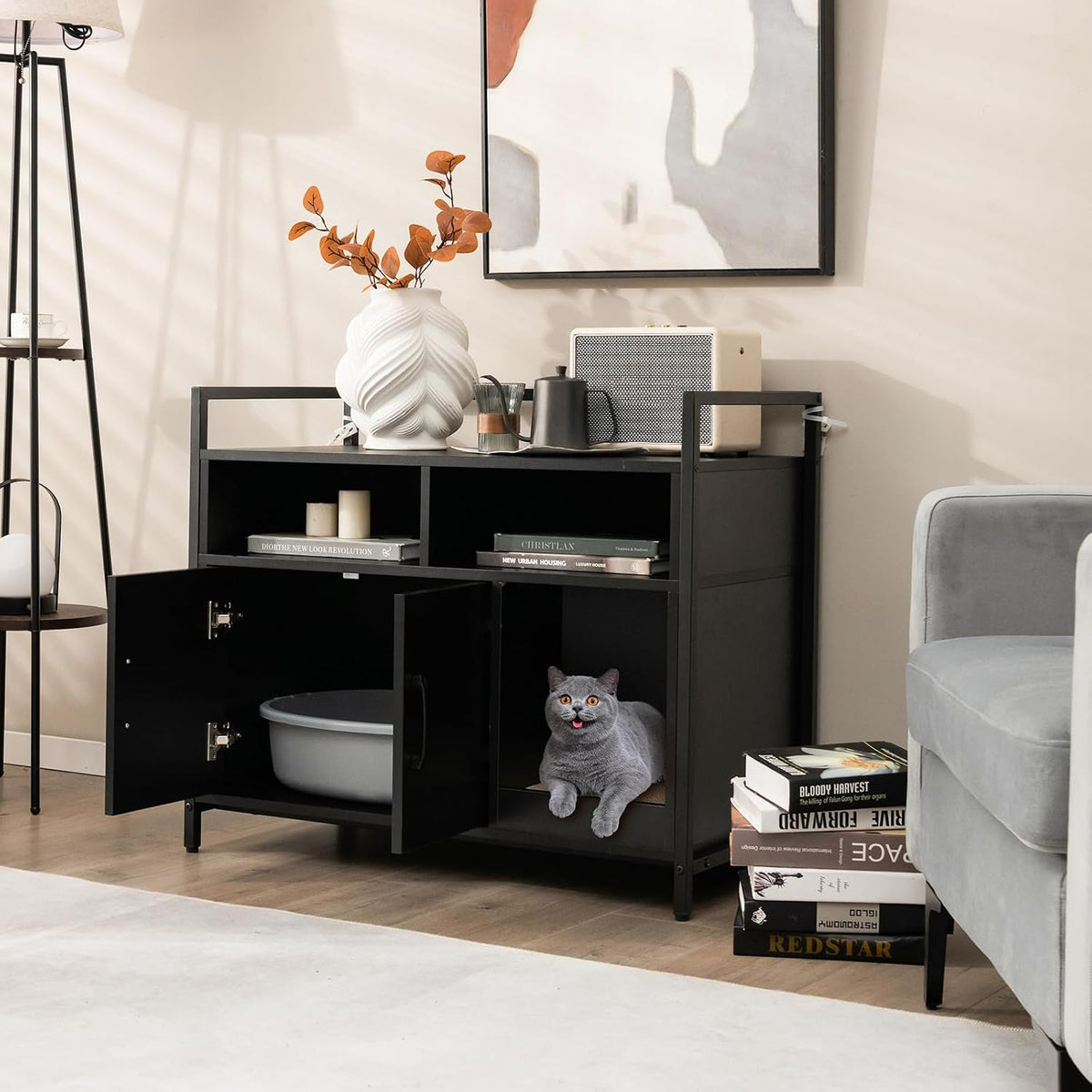 giantex cat litter box enclosure, hidden cat cabinet, side view