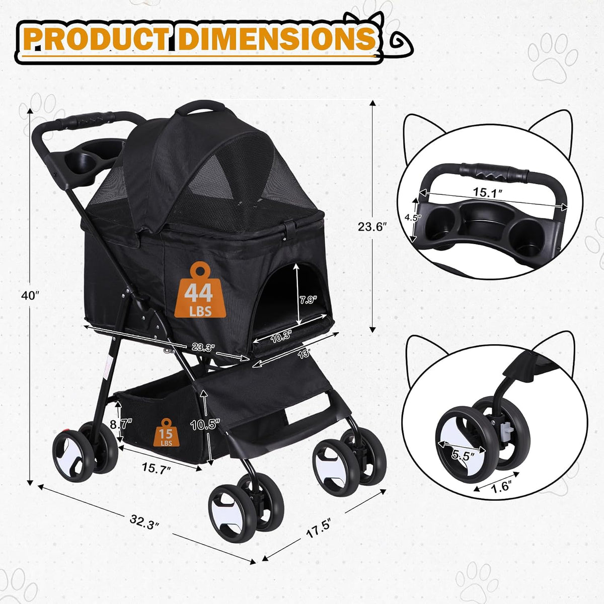 zeny pet stroller, 3 in1 foldable dog cat shown in use