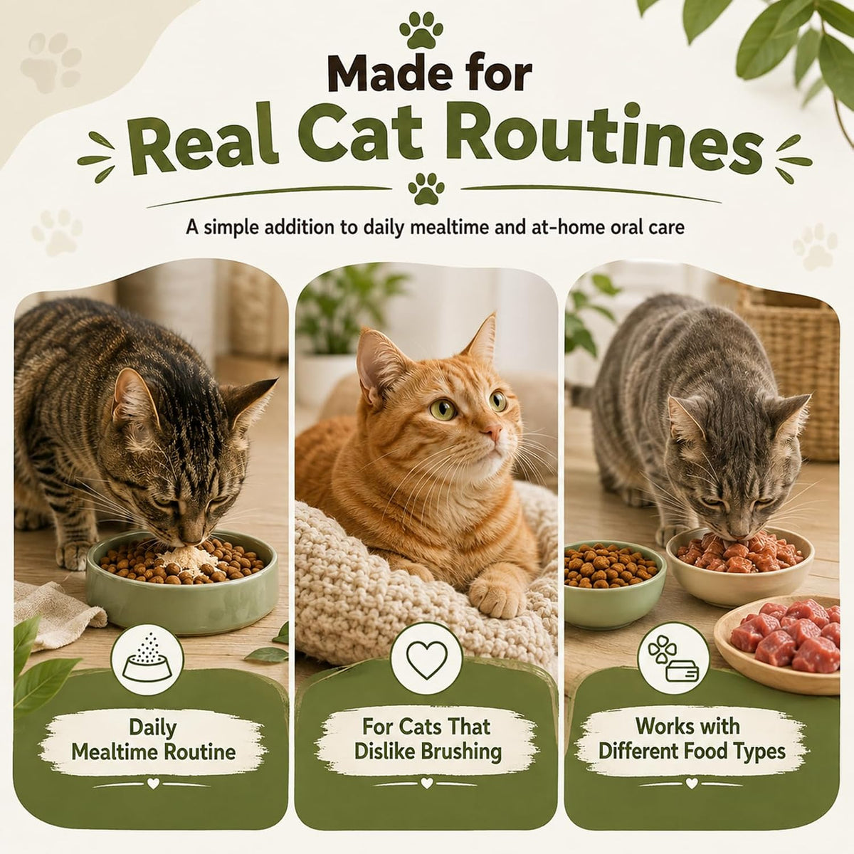meow mouth cat dental powder, cat teeth cleaning, side view