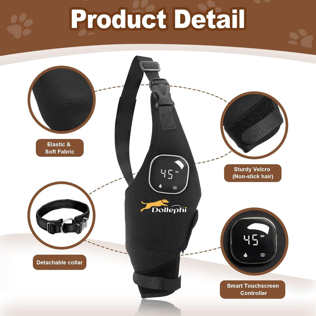 dog knee brace with heat vibration for acl showing dimensions