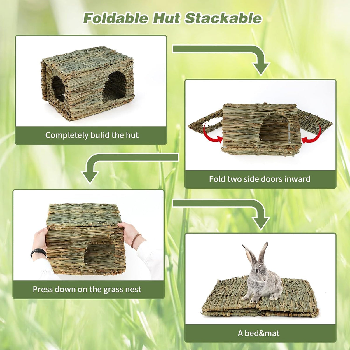 bwogue 2 pack grass bunny house, natural hand showing dimensions