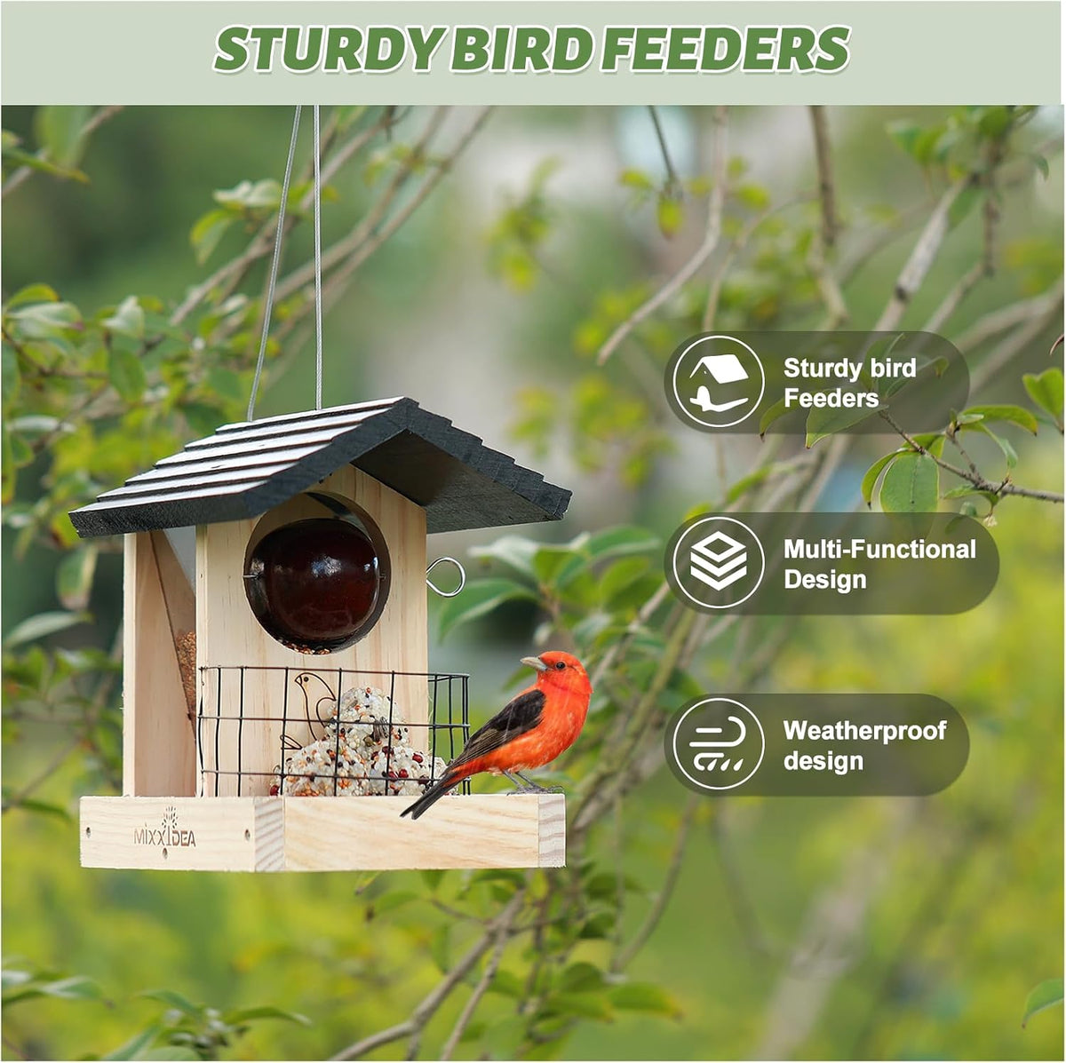 mixxidea wooden deck bird feeder for railing, balcony, side view