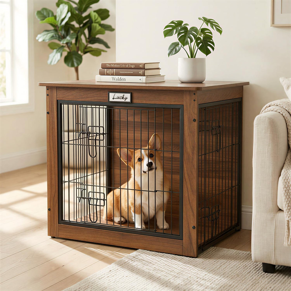 walnut dog crate furniture with reversible side door on a desk or shelf