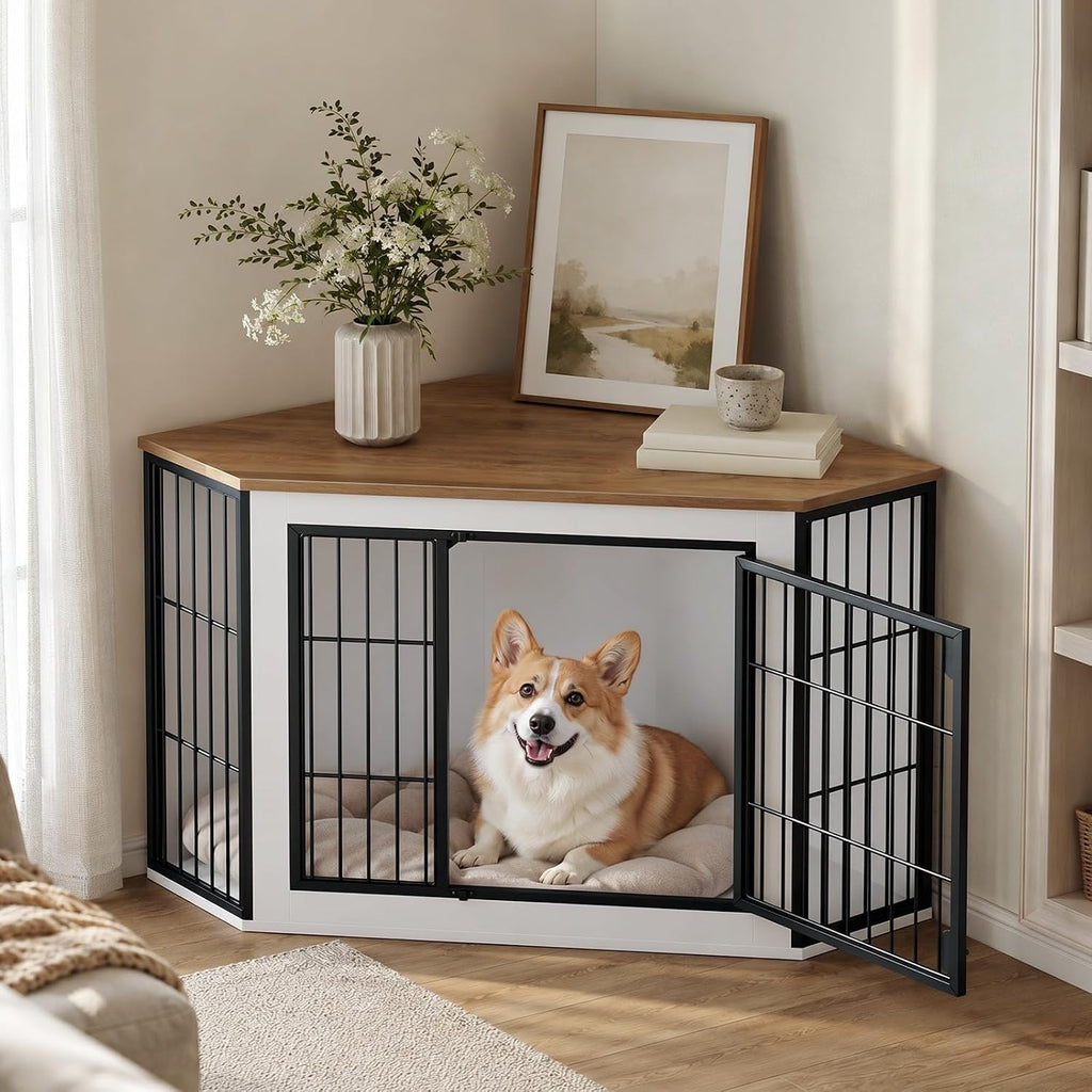hoobro corner dog crate furniture, decorative dog kennel showing dimensions