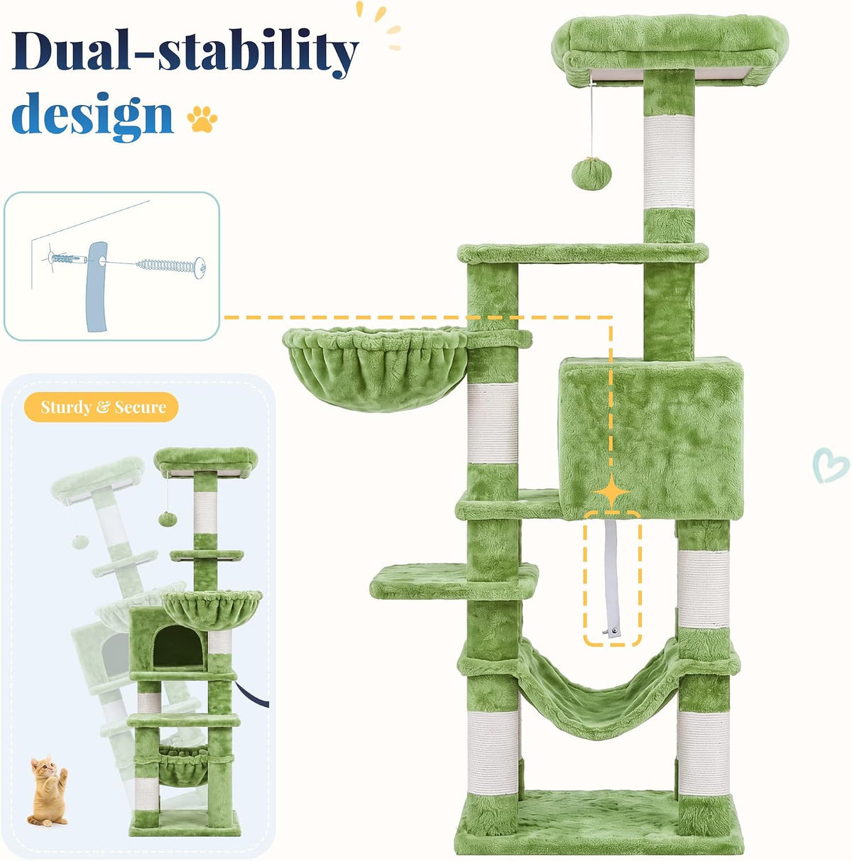 hey-brother cat tree, multi-level sisal covered scratching posts, front angle view