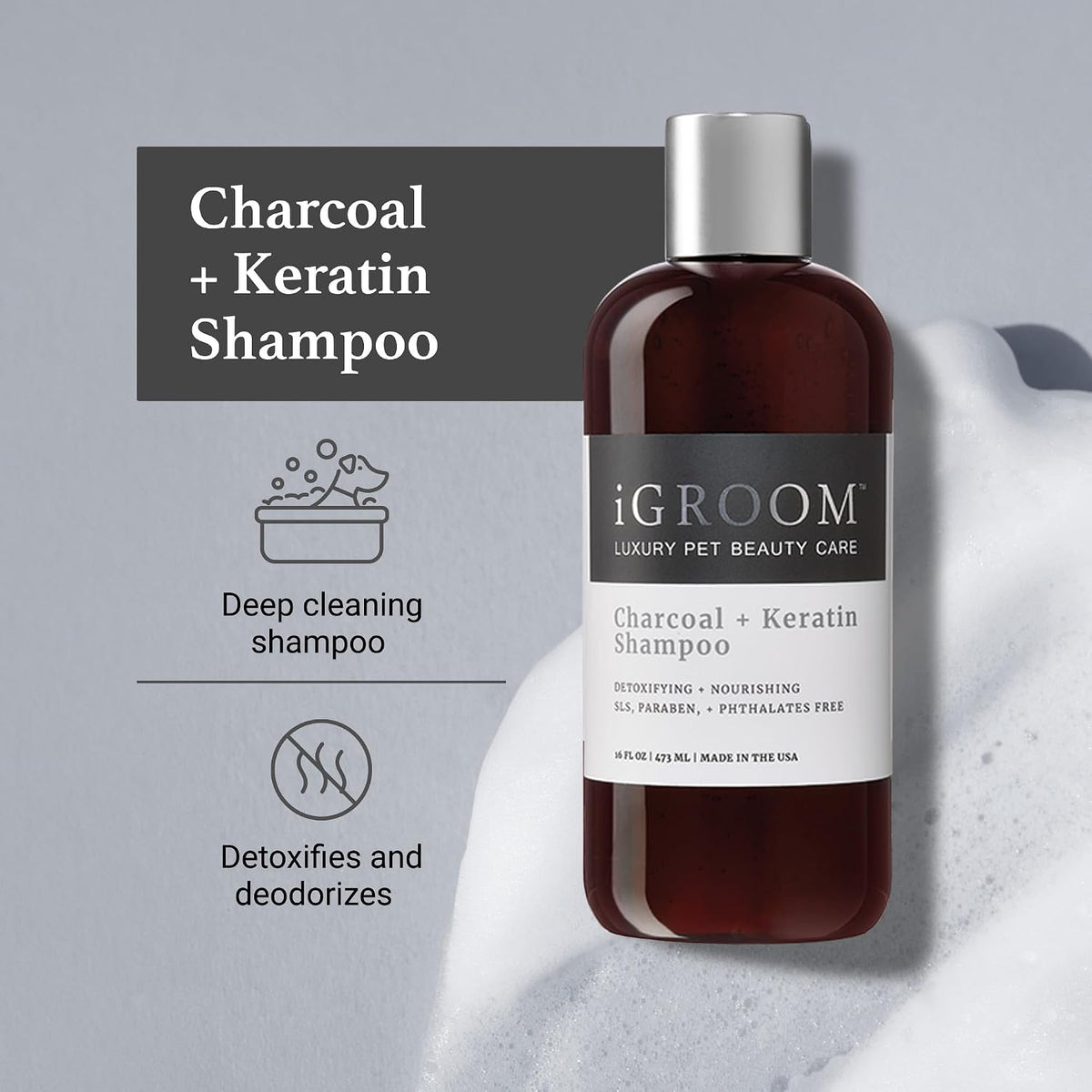igroom charcoal keratin dog shampoo, luxury pet beauty shown in use