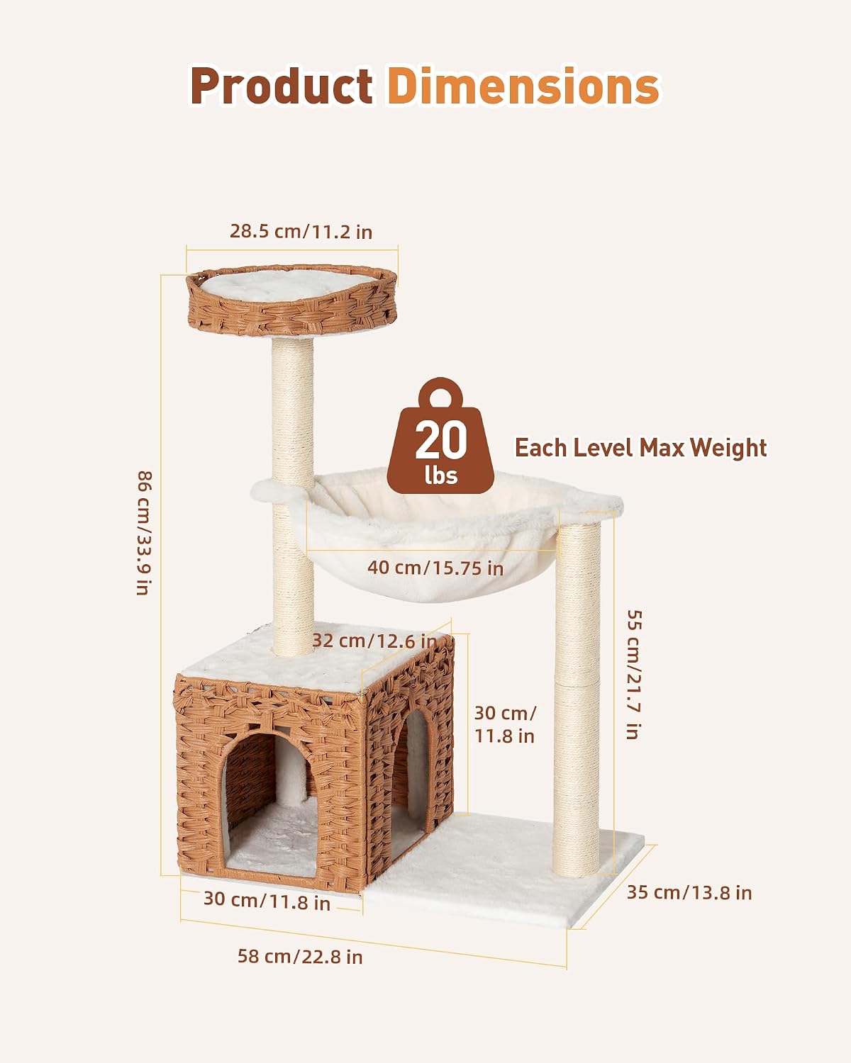 34" modern cat tree with large hammock, extra-long on a desk or shelf