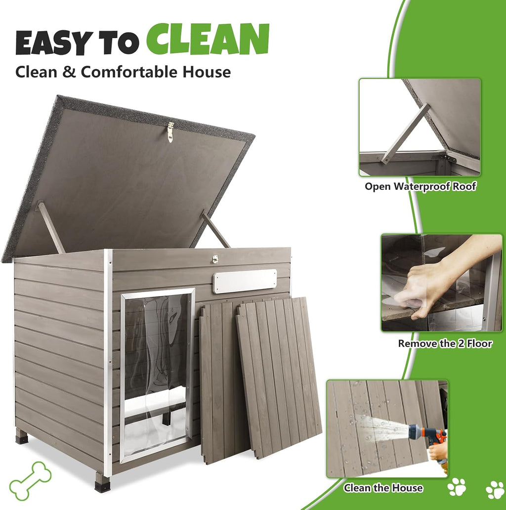large outdoor dog house, weatherproof wood with chew-resistant, close-up detail