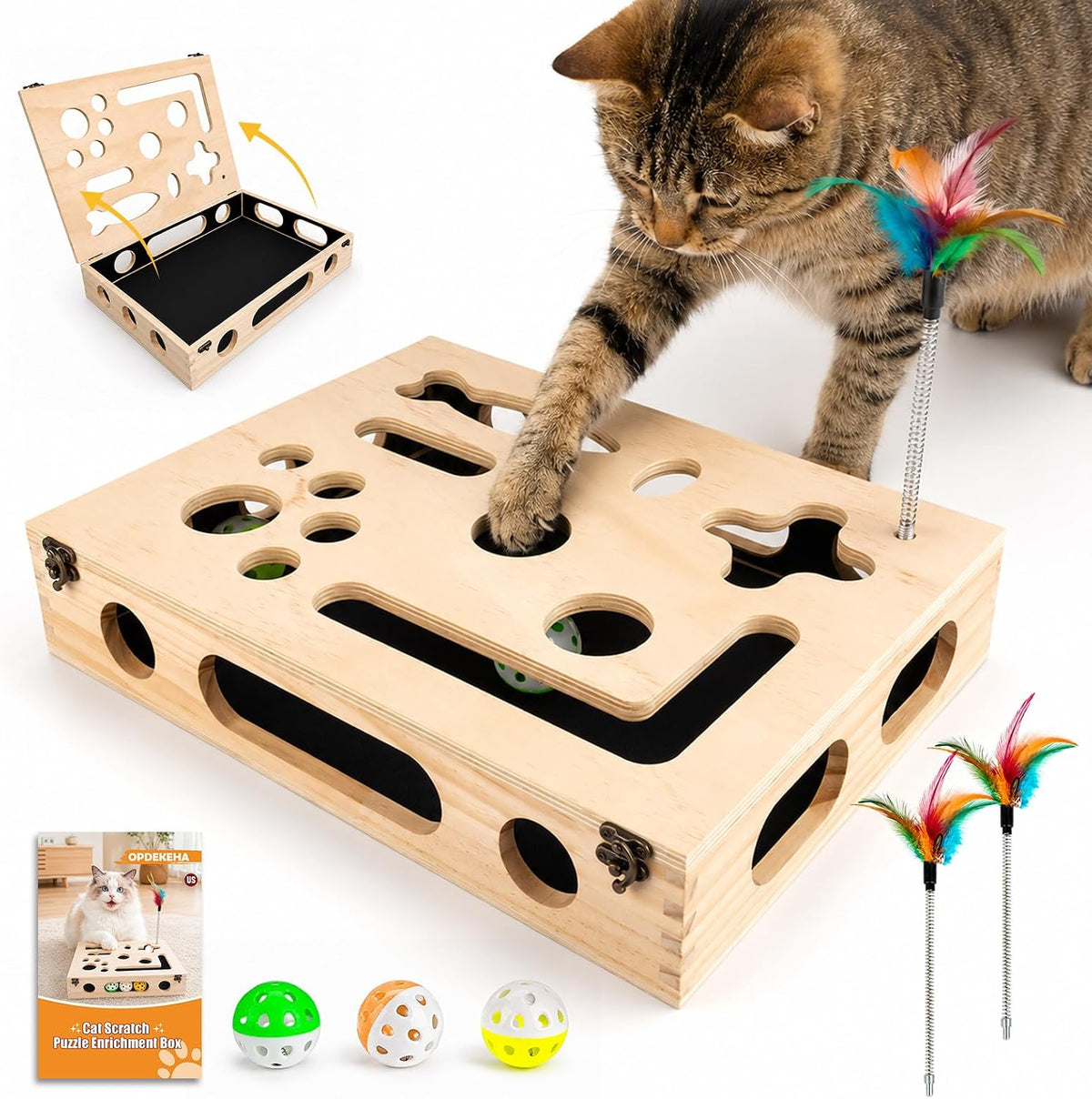 cat scratch puzzle enrichment box, interactive cat toy, main product view