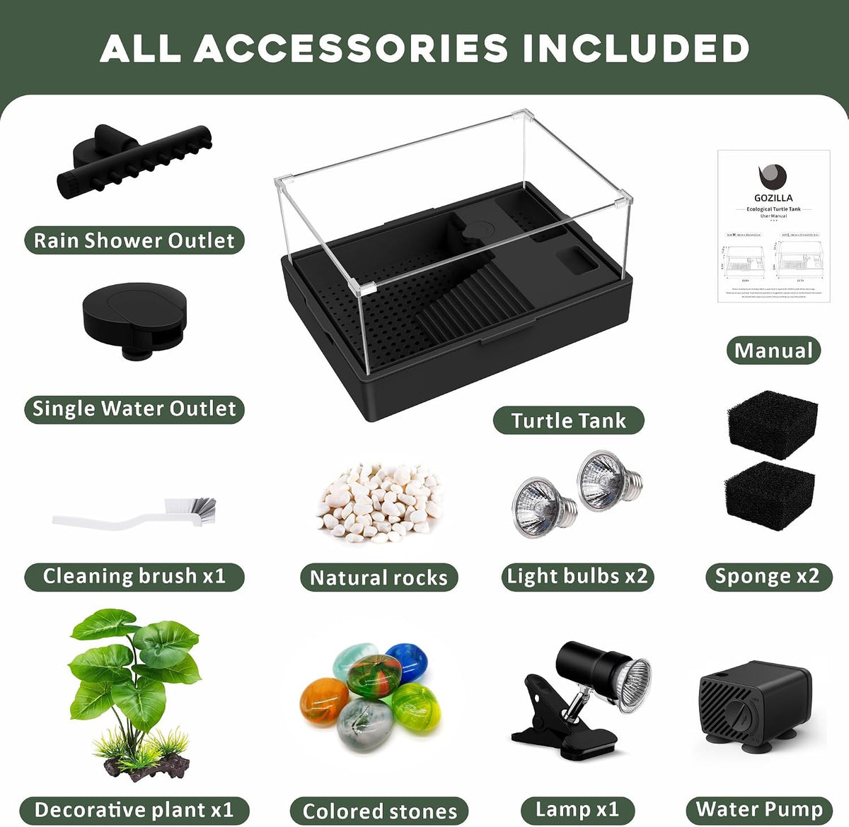 gozilla small turtle tank kit+water pump+lamp, acrylic turtle on a desk or shelf