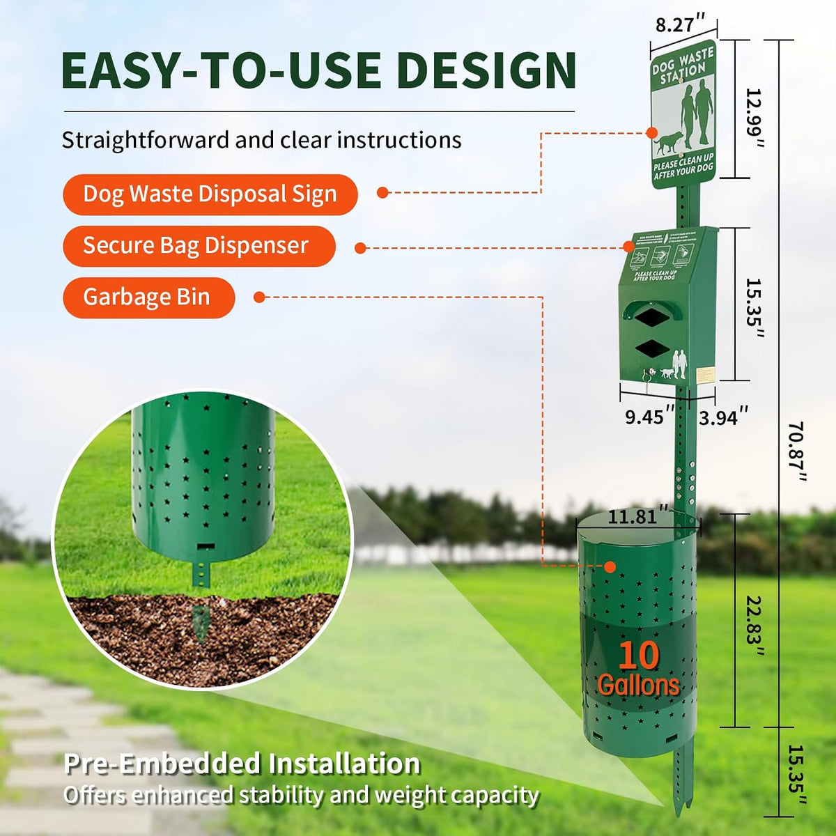 dog waste station - durable dog poop trash showing dimensions