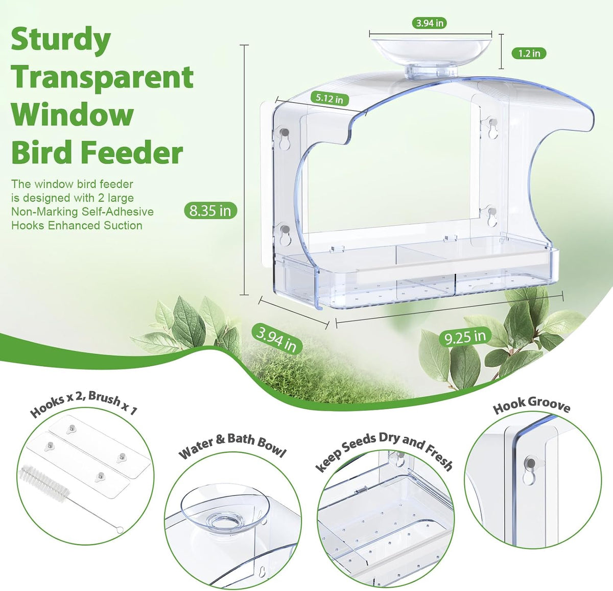 goodeco clear window bird feeder with water bowl, side view