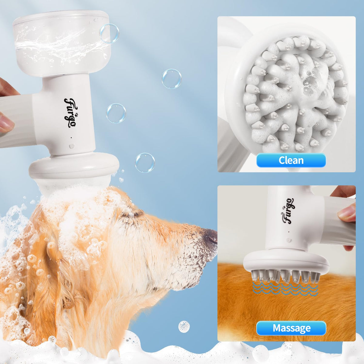 furgo dog bath brush with automatic shampoo &, side view