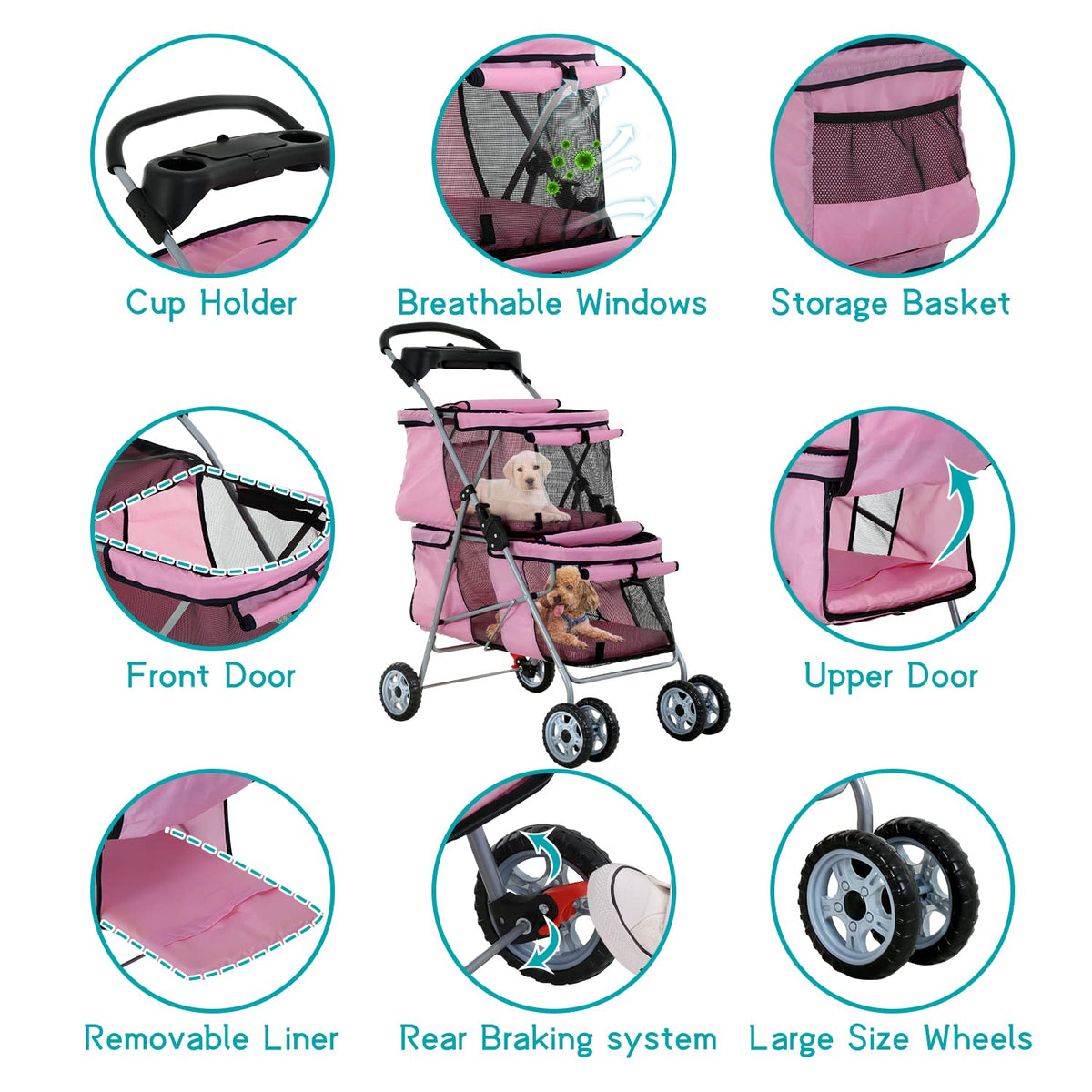hhs pet strollers for 2 dogs and cats, close-up detail