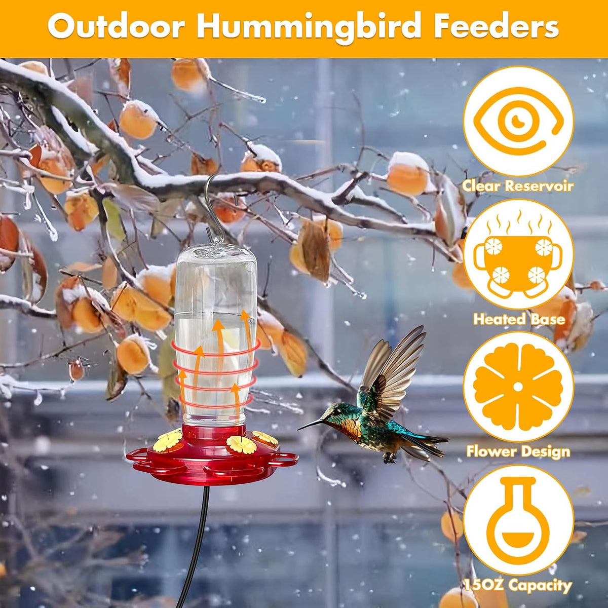 heated hummingbird feeders for winter outdoors, 15oz plastic, side view