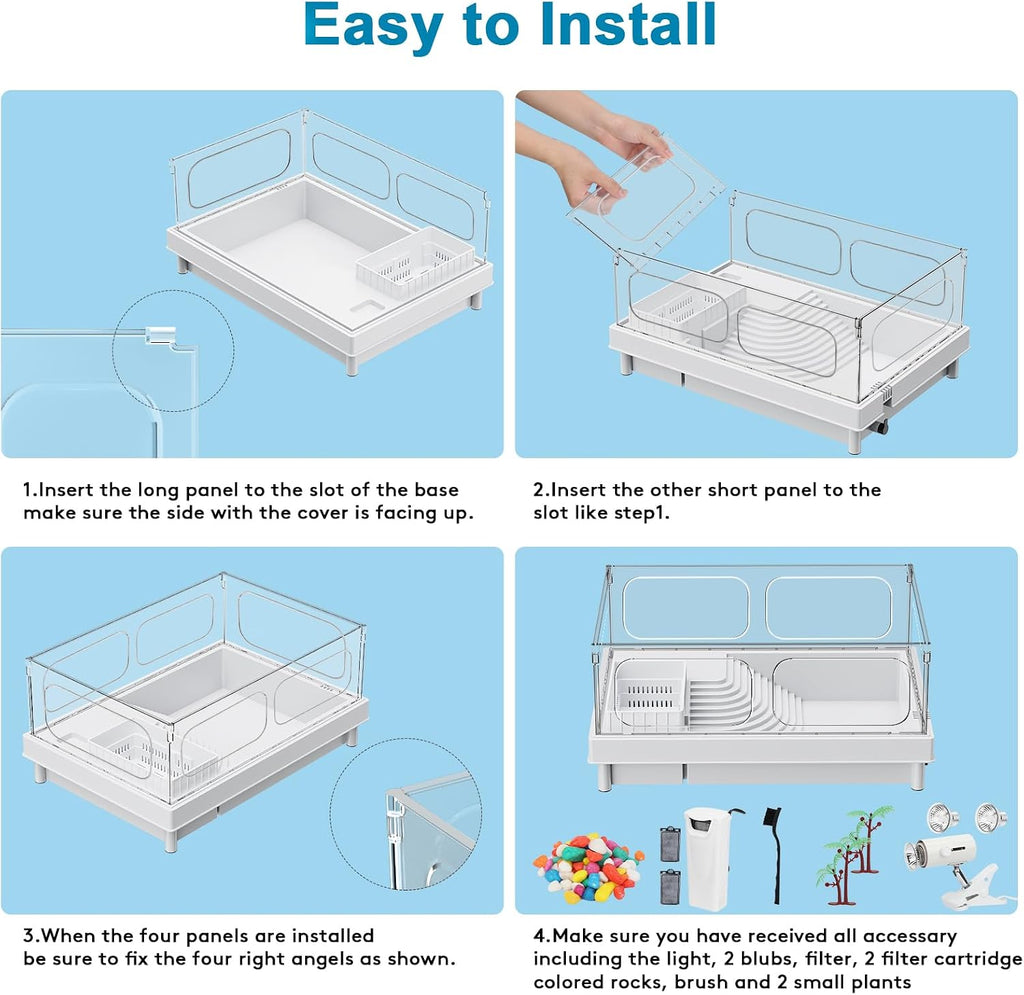 small turtle tank kit with light and filter on a desk or shelf