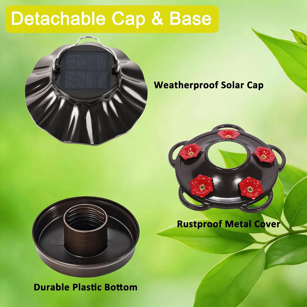 lujii solar hummingbird feeder for outdoor hanging, rgb, side view
