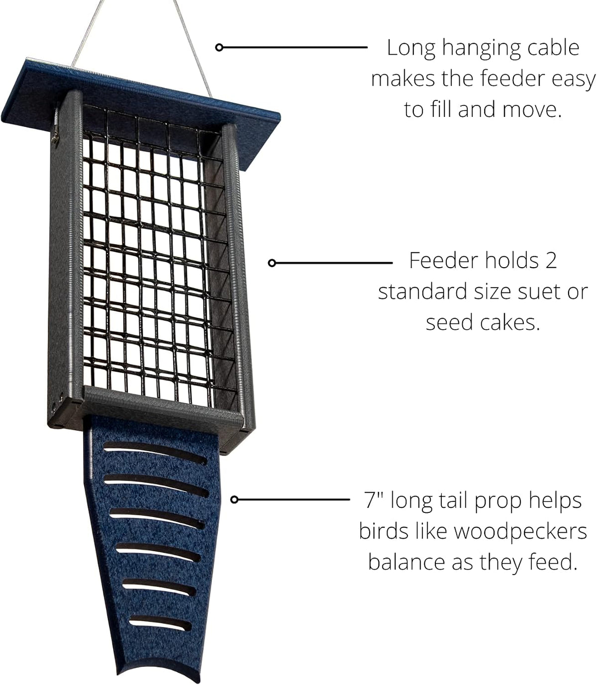 jcs wildlife blue/gray recycled double suet feeder tail, close-up detail