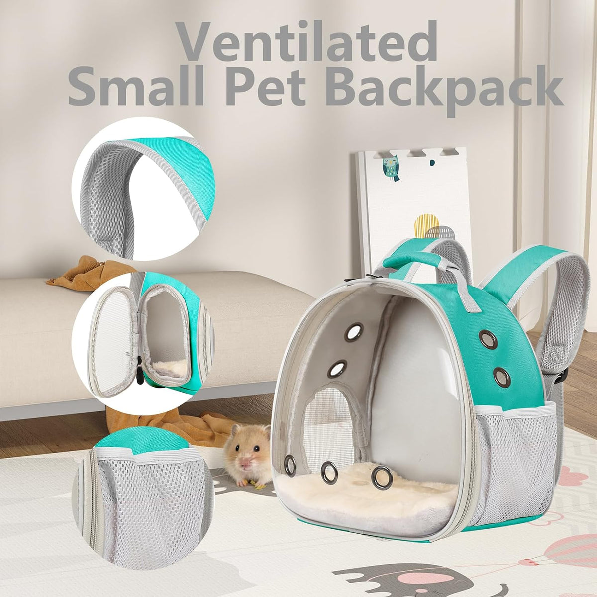 small animal backpack carrier & ceramic hamster hideout, side view