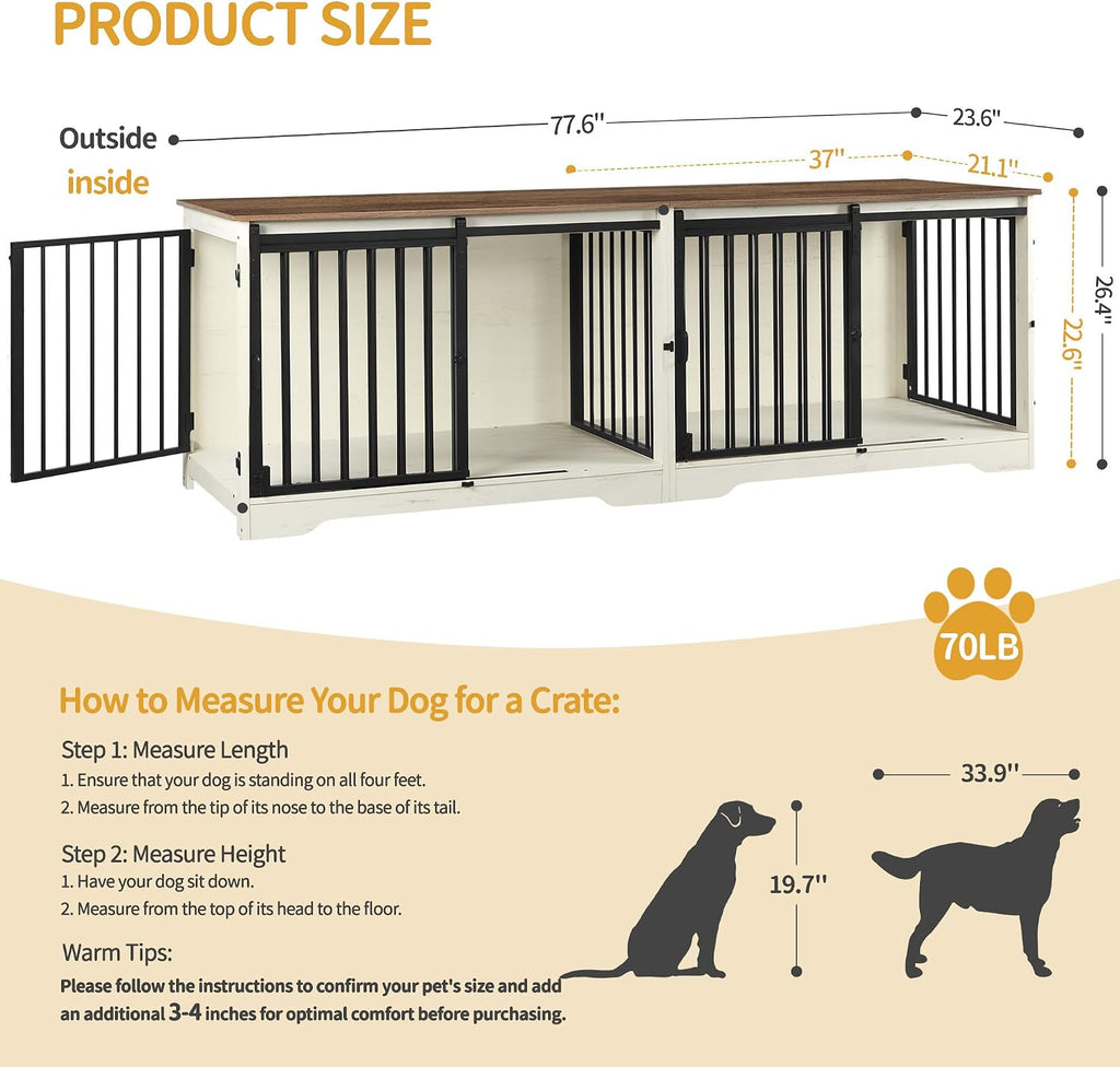 hzuaneri 77.6 in double dog crate furniture, dog shown in use