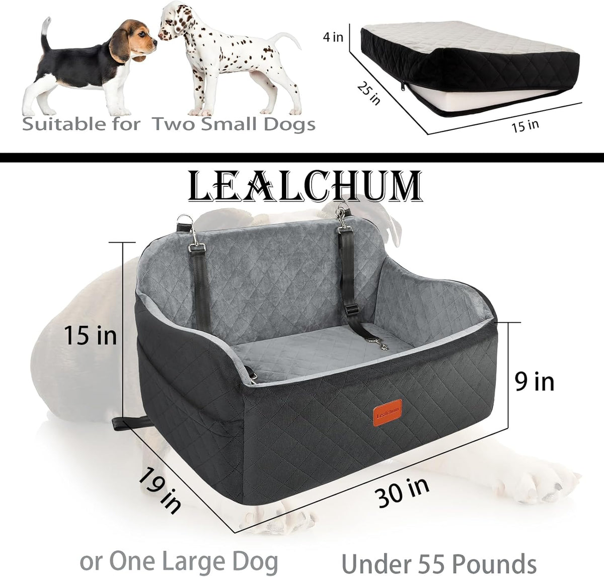 lealchum dog car seat up to 55lb,2 clip-on shown in use