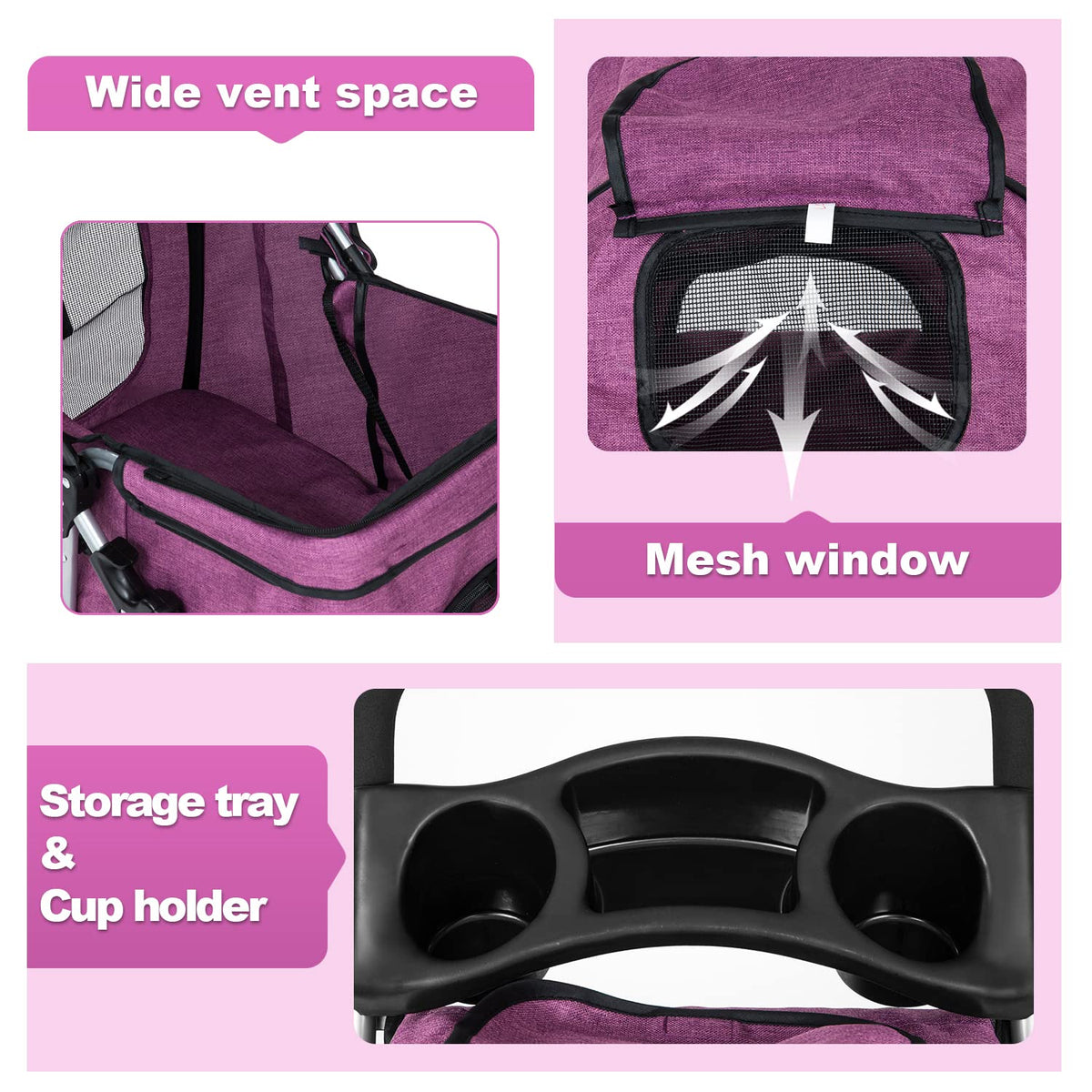 bestpet | 3-wheel foldable pet stroller | purple, side view