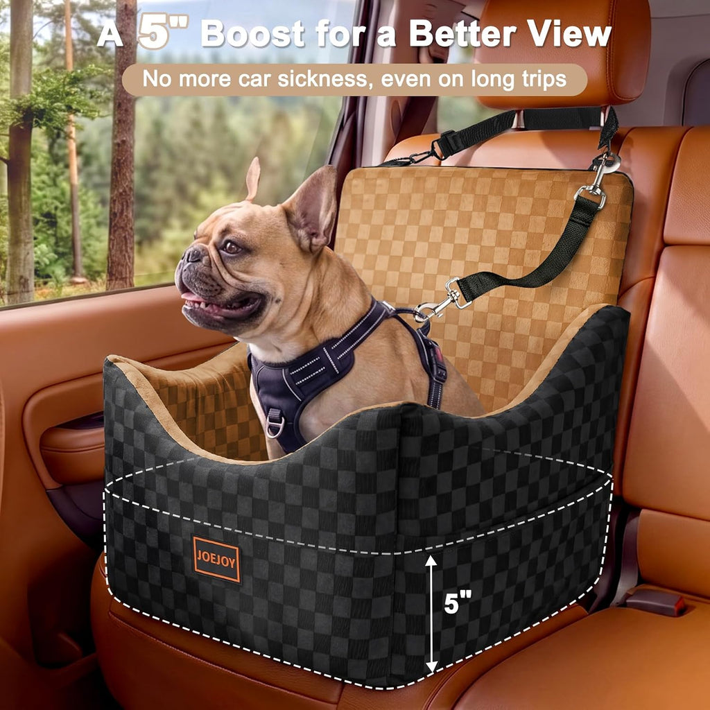 joejoy elevated dog car seat for small/medium dogs shown in use